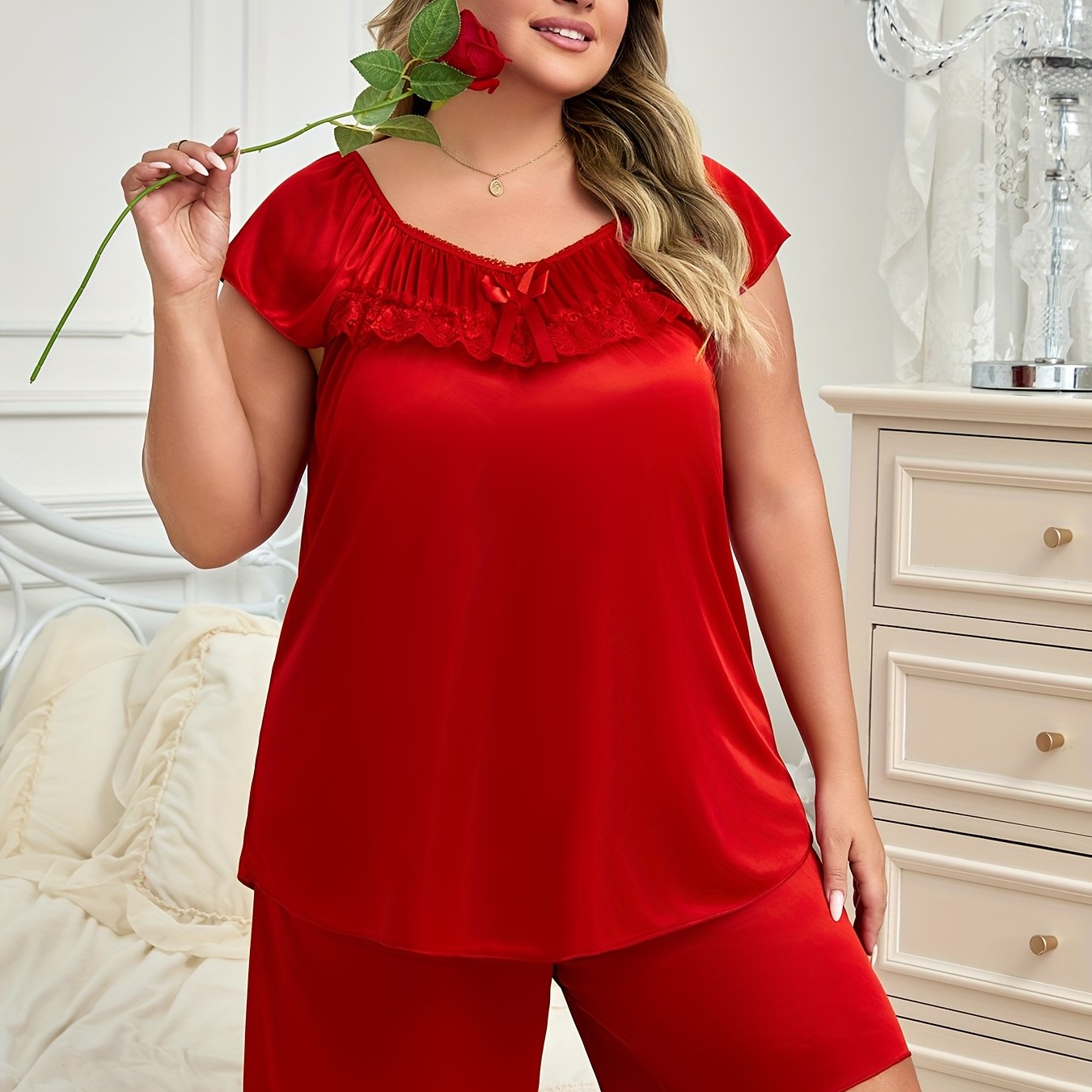 New Women's Pajama Set With Bow, Short Sleeve And Shorts, Suitable For And Outing