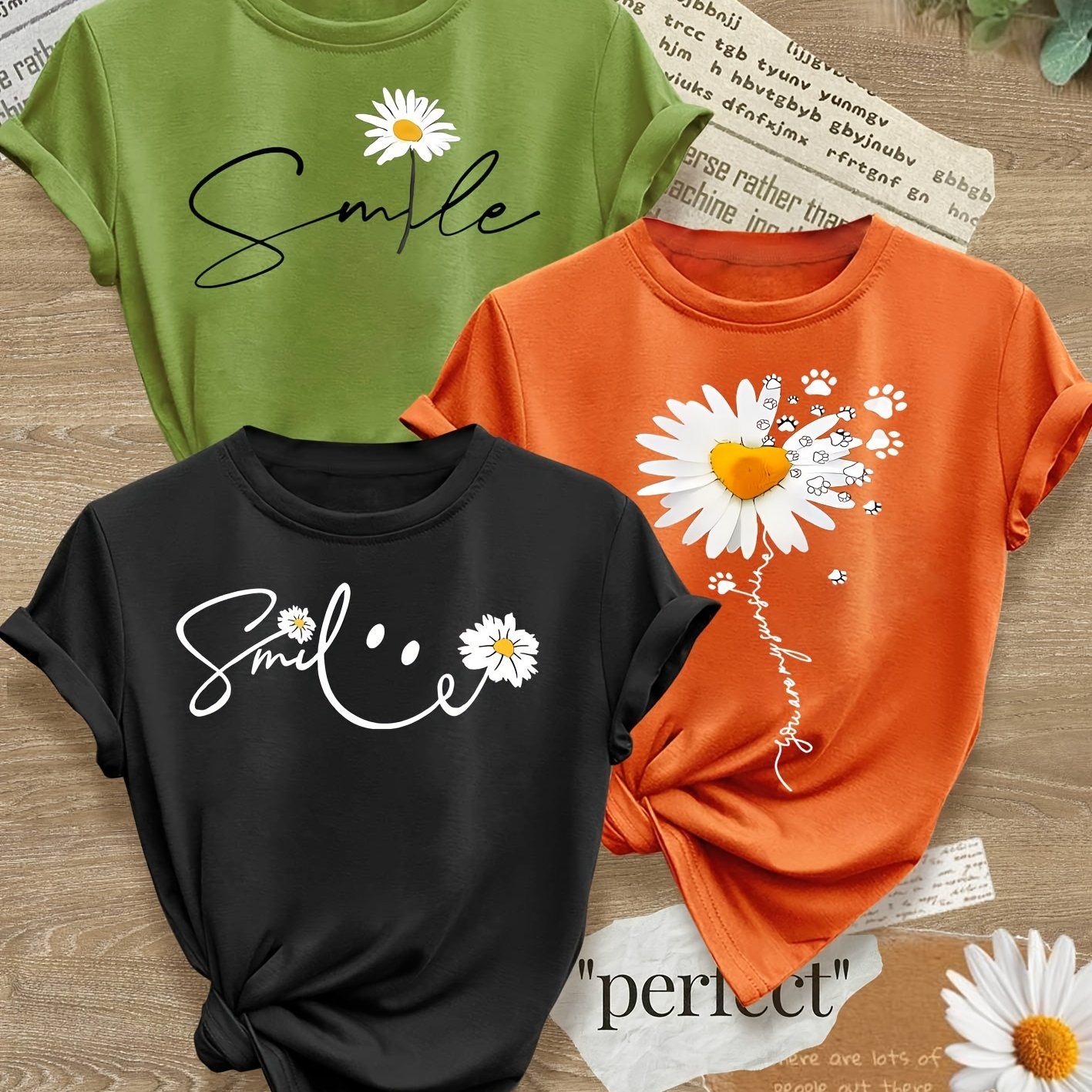 TEMU 3pcs Sister Set: Smiling Letters And Small Flowers Series, Printed Fashion Vintage Style Women's Summer Casual Sporty Round Neck Short Sleeve