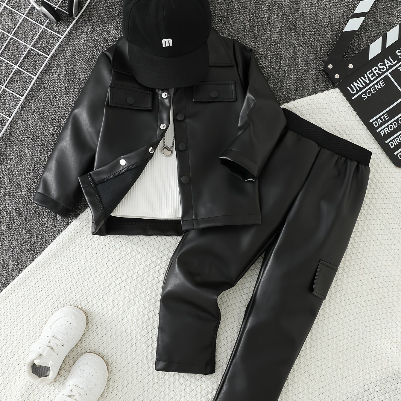 Image of 2-piece Boys' Autumn/winter Long Pants Set, Black Jacket & Black Pants 2pcs Set, Comfortable, Versatile, And Stylish Casual Outfit For Kids, Suitable As A Gift, Perfect For Outdoor