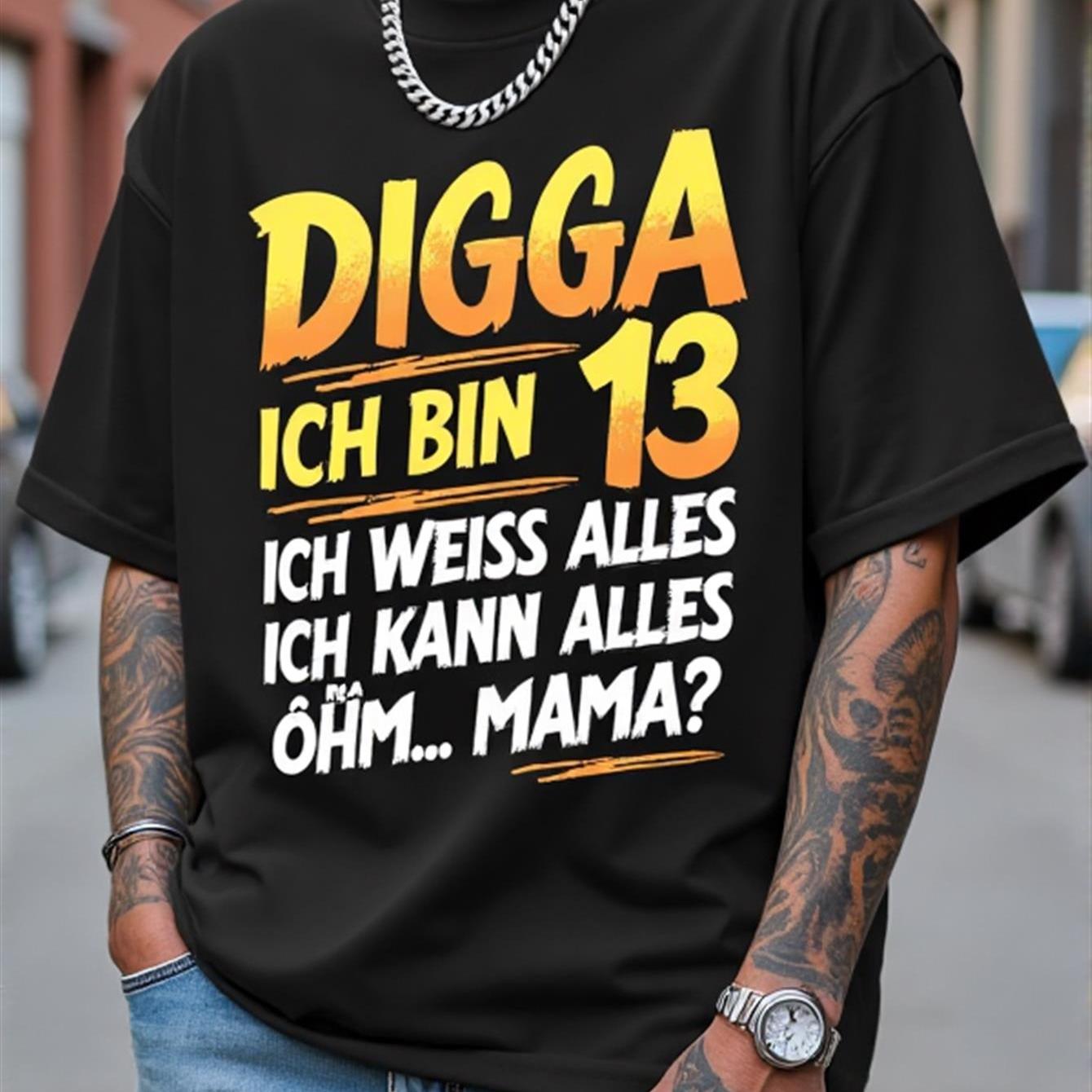 Men' & Teen 13th Birthday T-shirt - German " Ich Bin 13?" Print, Urban Streetwear Cotton Tee Suitable For For - Wear, Round Neck Casual Shirt For 13 Year Gift