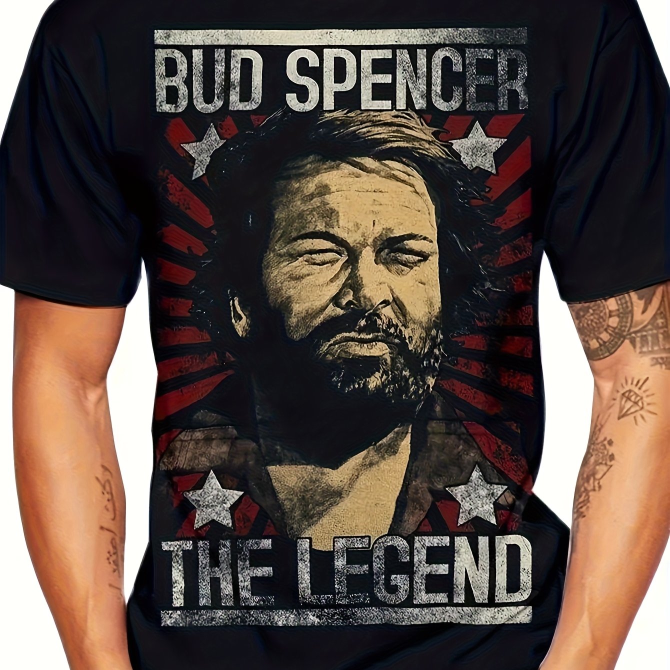 E-shop Herren Bud & Terence Hill Die Vintage T-Shirt - Ikone Schauspieler Druck, Übergröße Lockere Passform Atmungsaktives Schwarzes Shirt, Retro