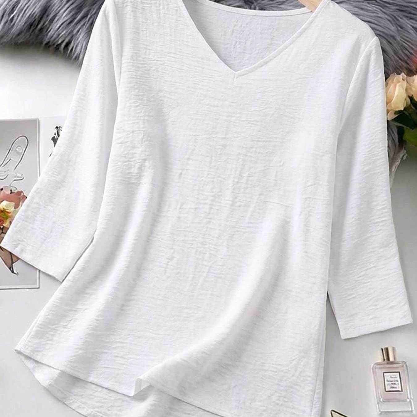 TEMU [solid Color Qf] Women's Summer Apparel, Three-quarter Sleeve V-neck, Home Casual Versatile Elegant Top