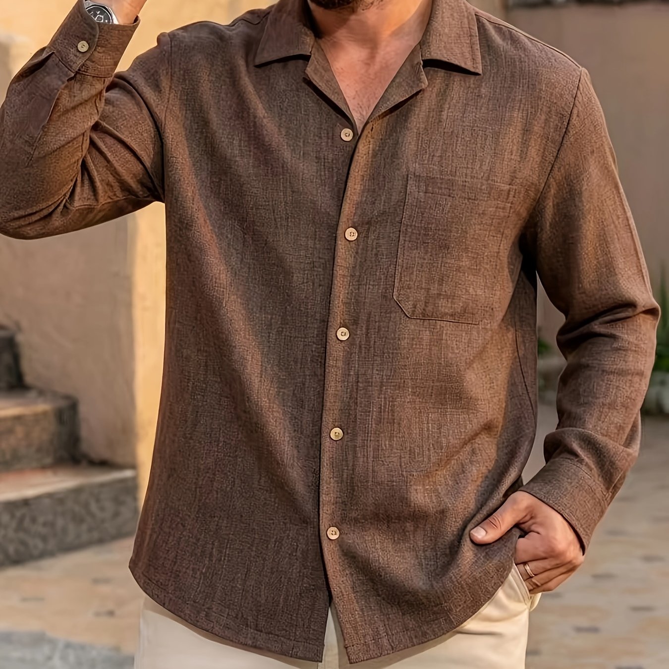 TEMU Men Lapel Long Sleeve Button Shirt, Chest Pocket Casual Daily Wear Top, Smart Casual
