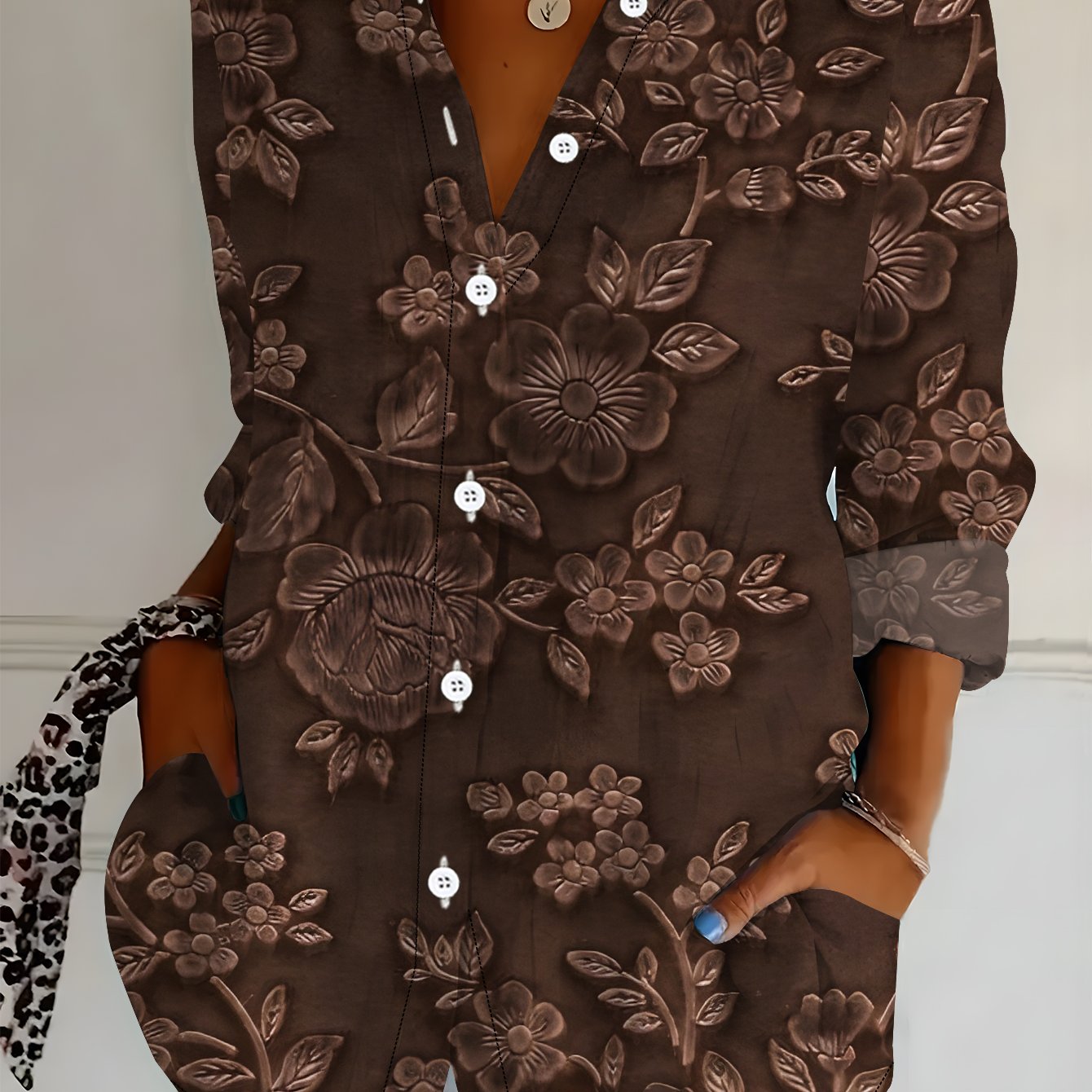 TEMU Plus Size, Plus Size Women's Long Sleeve Shirt, Vintage Style Floral Print, Dark Brown Casual Shirt, Soft And Comfortable -friendly Fine Spring
