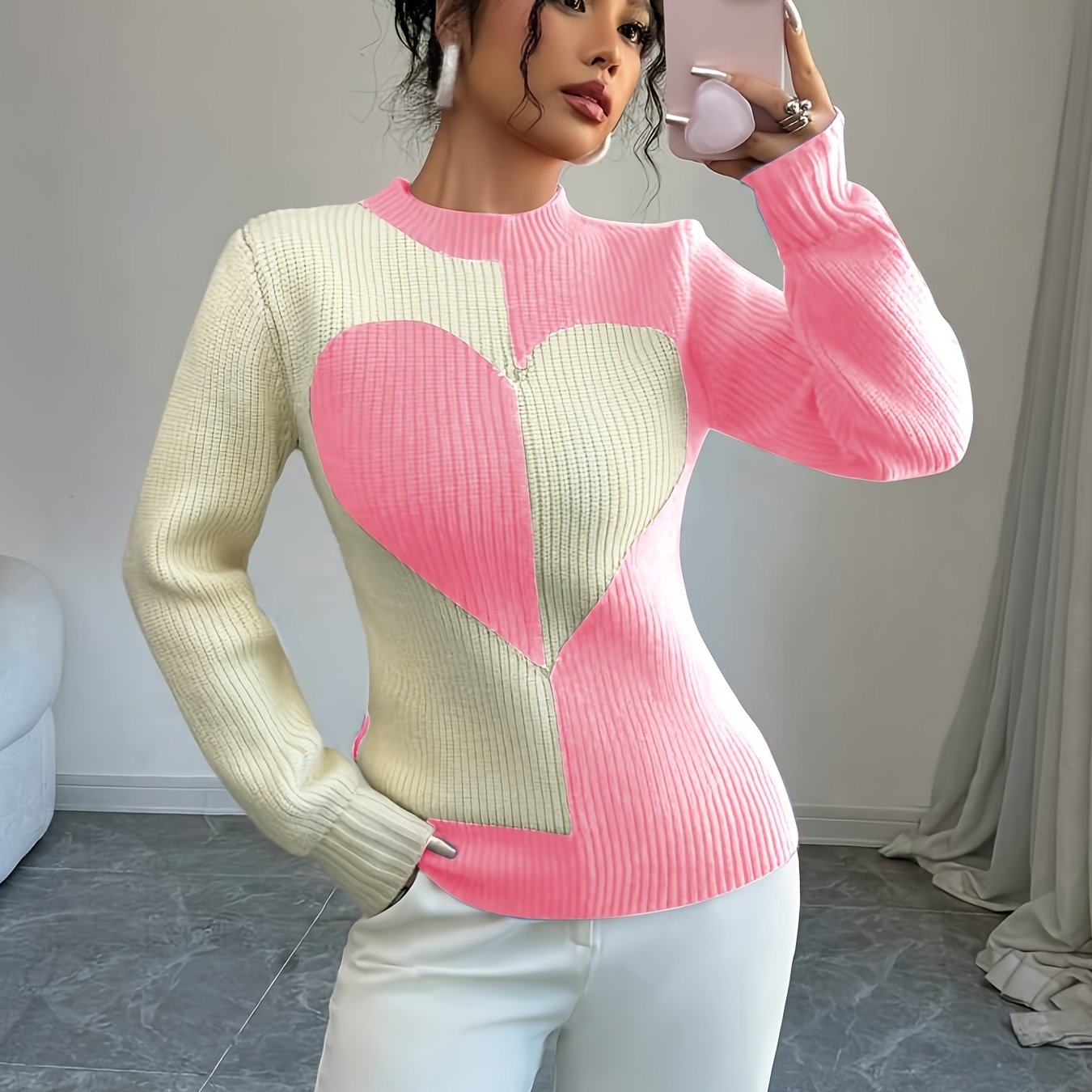 TEMU Women's Autumn/winter Half-turtleneck Heart Pullover Sweater