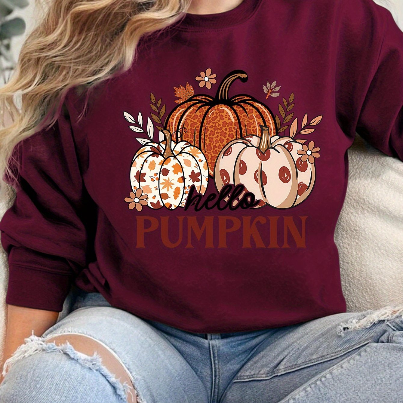 TEMU Winter Women's Warm Thick Fashion Casual "hello Pumpkin" Pumpkin Flower Letter Print Vintage Crewneck Long Sleeve Sweatshirt