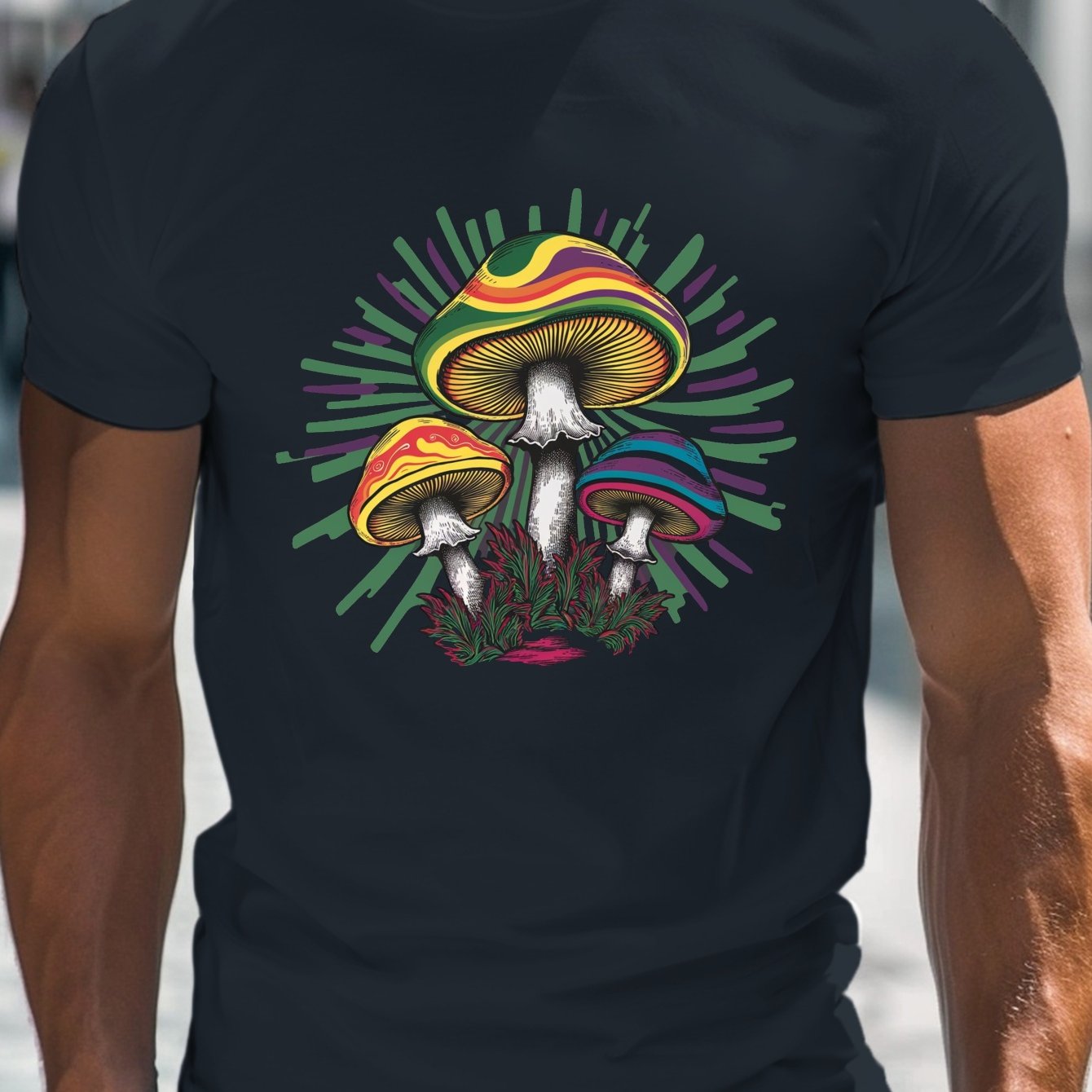 TEMU Mushrooms Psychedelic Print, Men's Round Crew Neck Short Sleeve Tee, Casual T-shirtcasual Comfy Lightweight Top For Summer