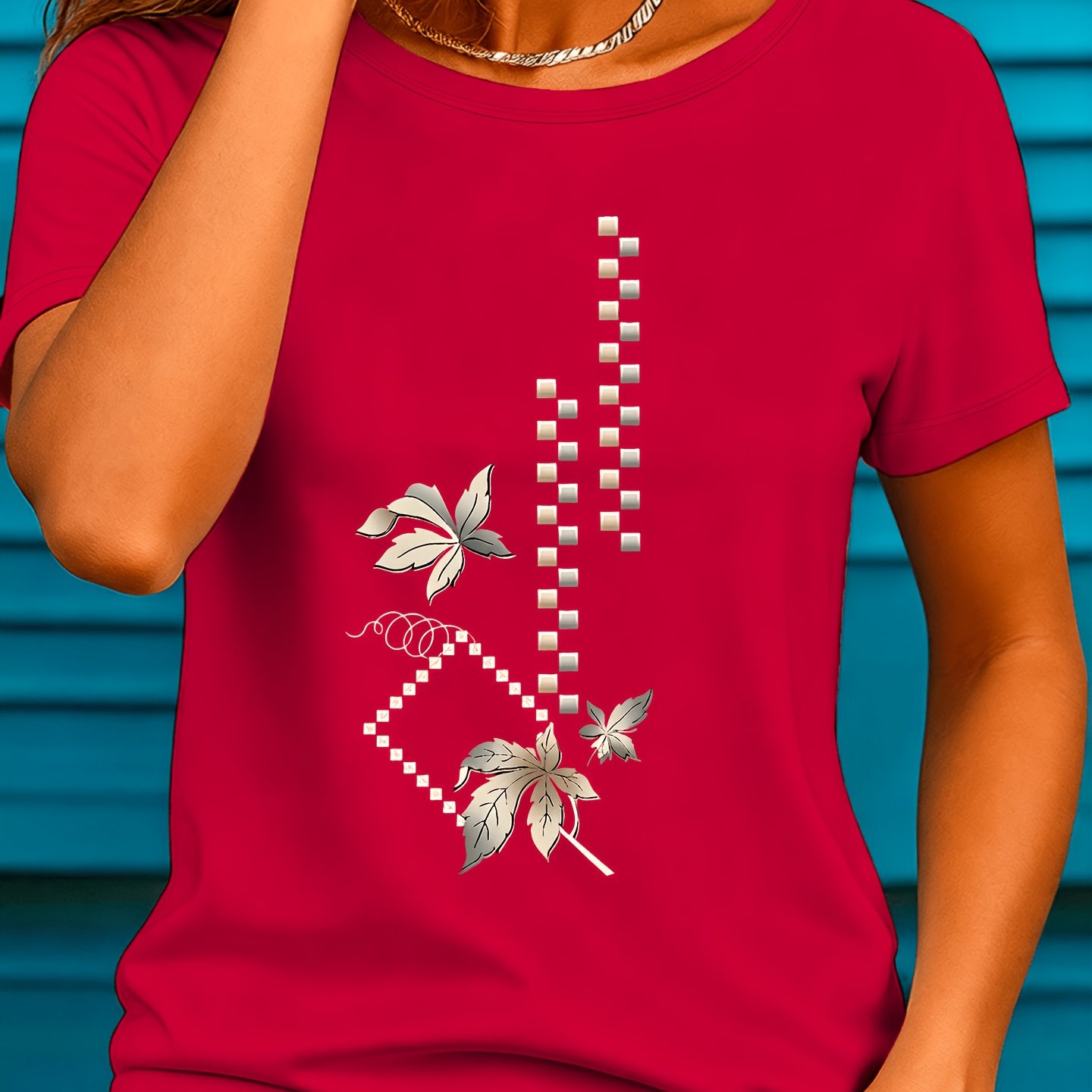 TEMU 3388# Elegant Women's Short-sleeve T-shirt, Stylish Commuter Wear, Summer Essential, Travel, Dating, Gift, Vacation, Seaside Leaf Square Element