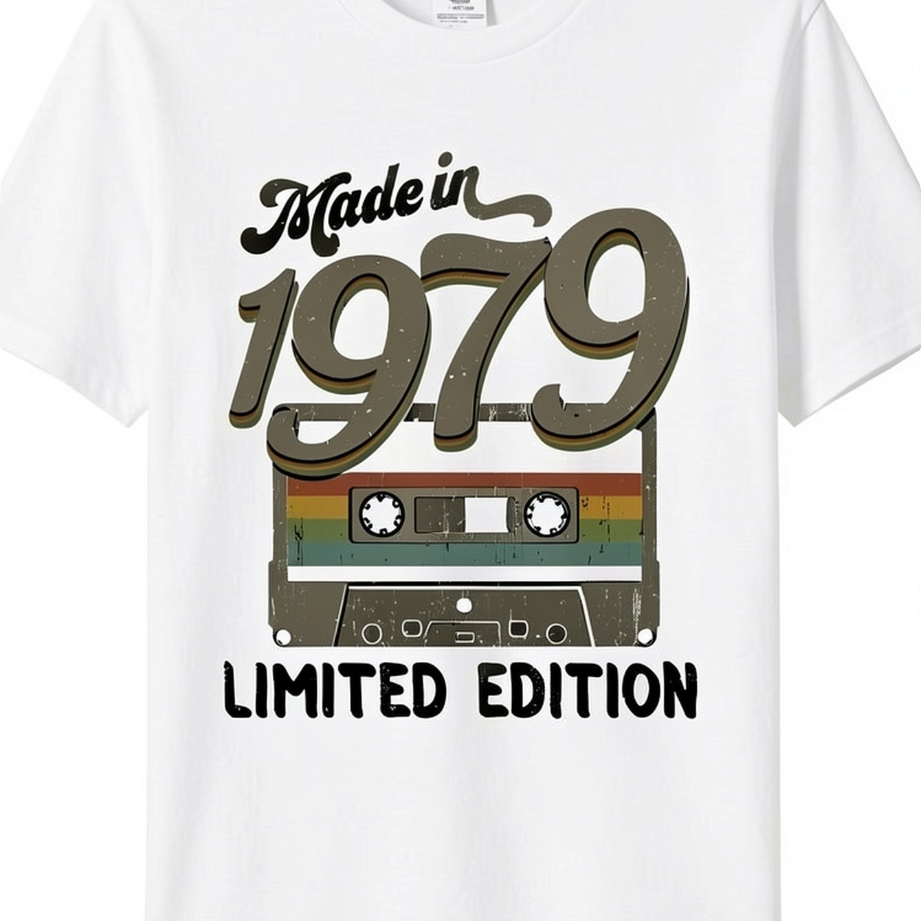 TEMU Men's Vintage 1979 Cassette Tape Graphic T-shirt - Black Retro Design With Colorful Stripes, Edition Text, Casual Crew Neck Tee For Summer,