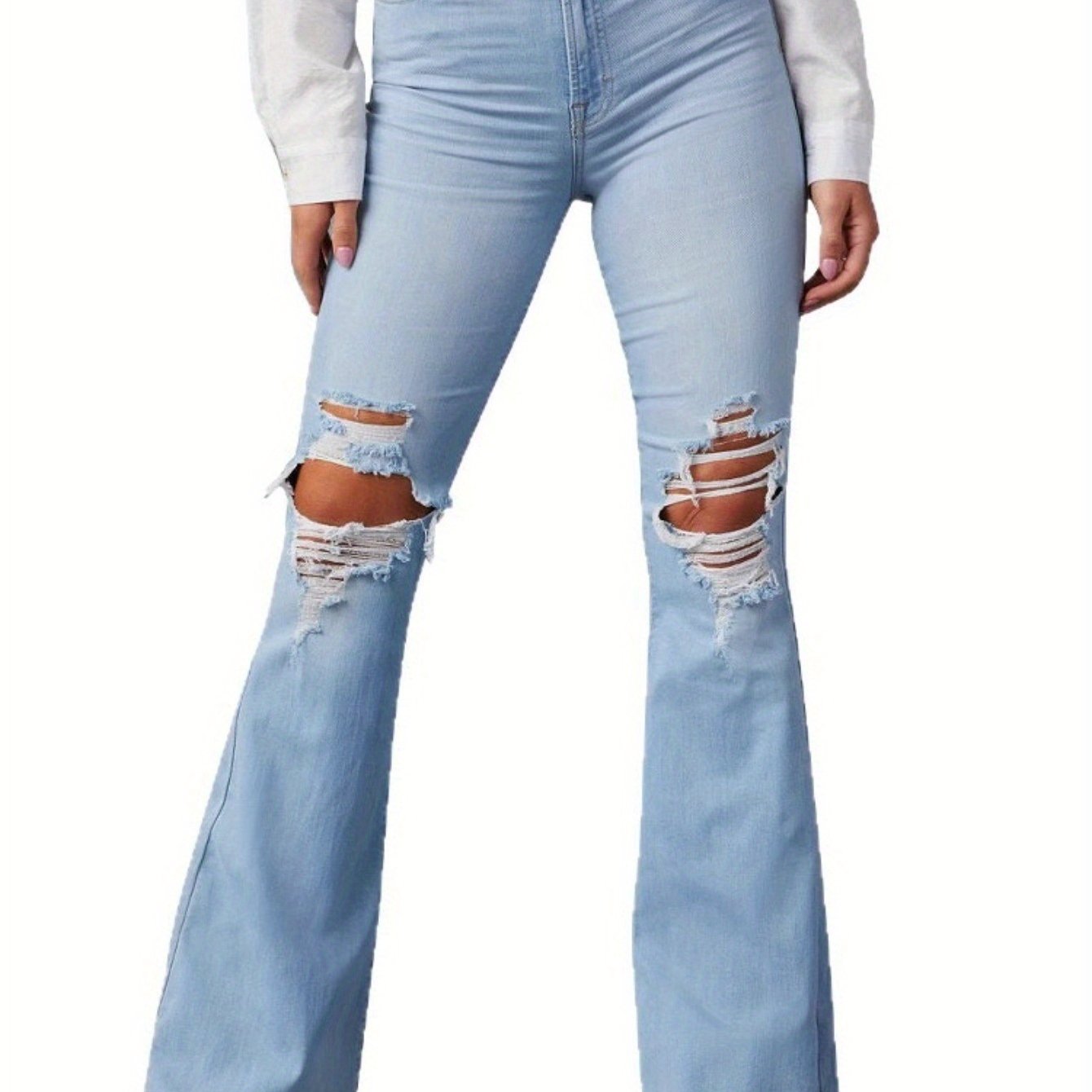1pc Women's High - Waisted Flare Bell Bottom Jeans - Wide Leg Bootcut Stretchy Denim Pants For Casual, Retro & Street Styles - Sizes S - Xxl Style - Versatile Fashion With Ripped Details - Perfect For