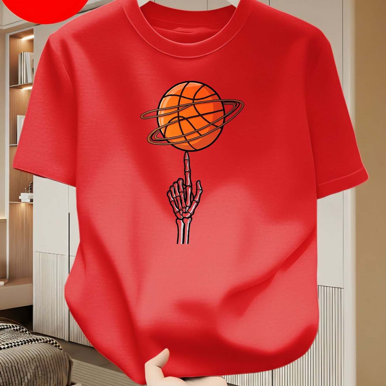 Men Streetwear Skeleton Hand Spinning Basketball Planet T Shirt White Print Soft Cotton Comfortable Casual Daily Wear Mens Clothing