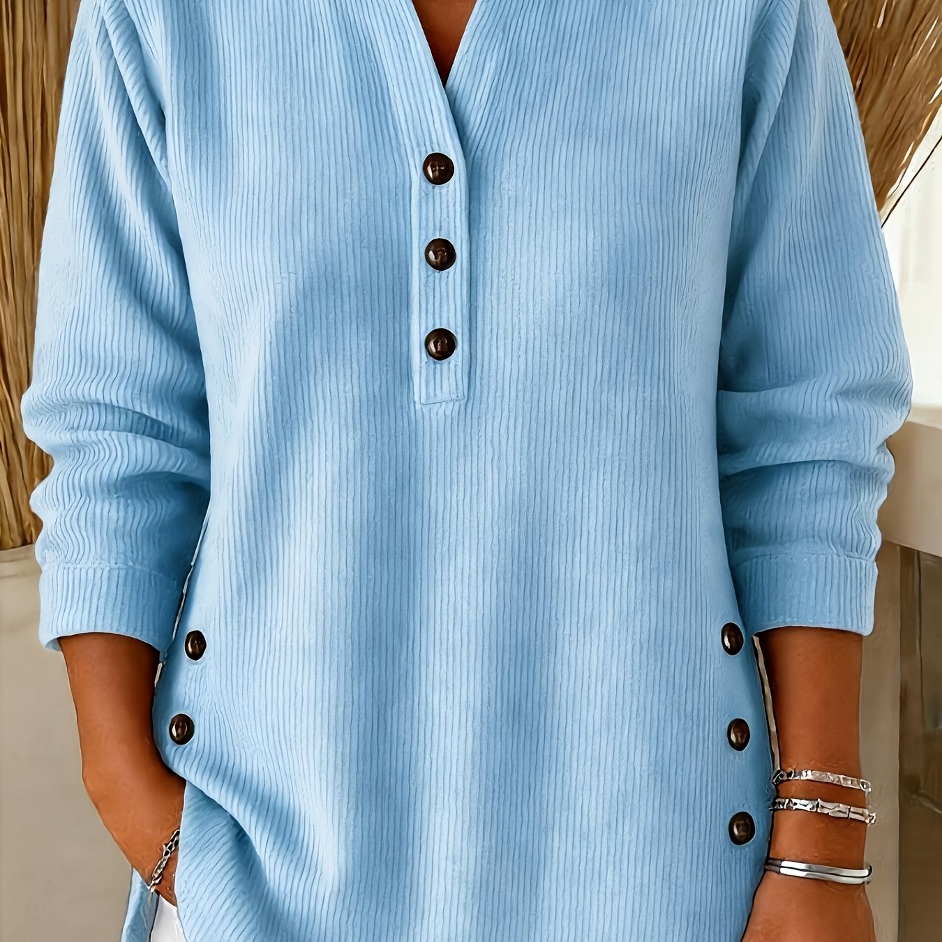 TEMU Haut de base grande taille pour femme, printemps/automne, à texture côtelée , avec semi-ouverte ample et patte de boutonnage latérale, ourlet