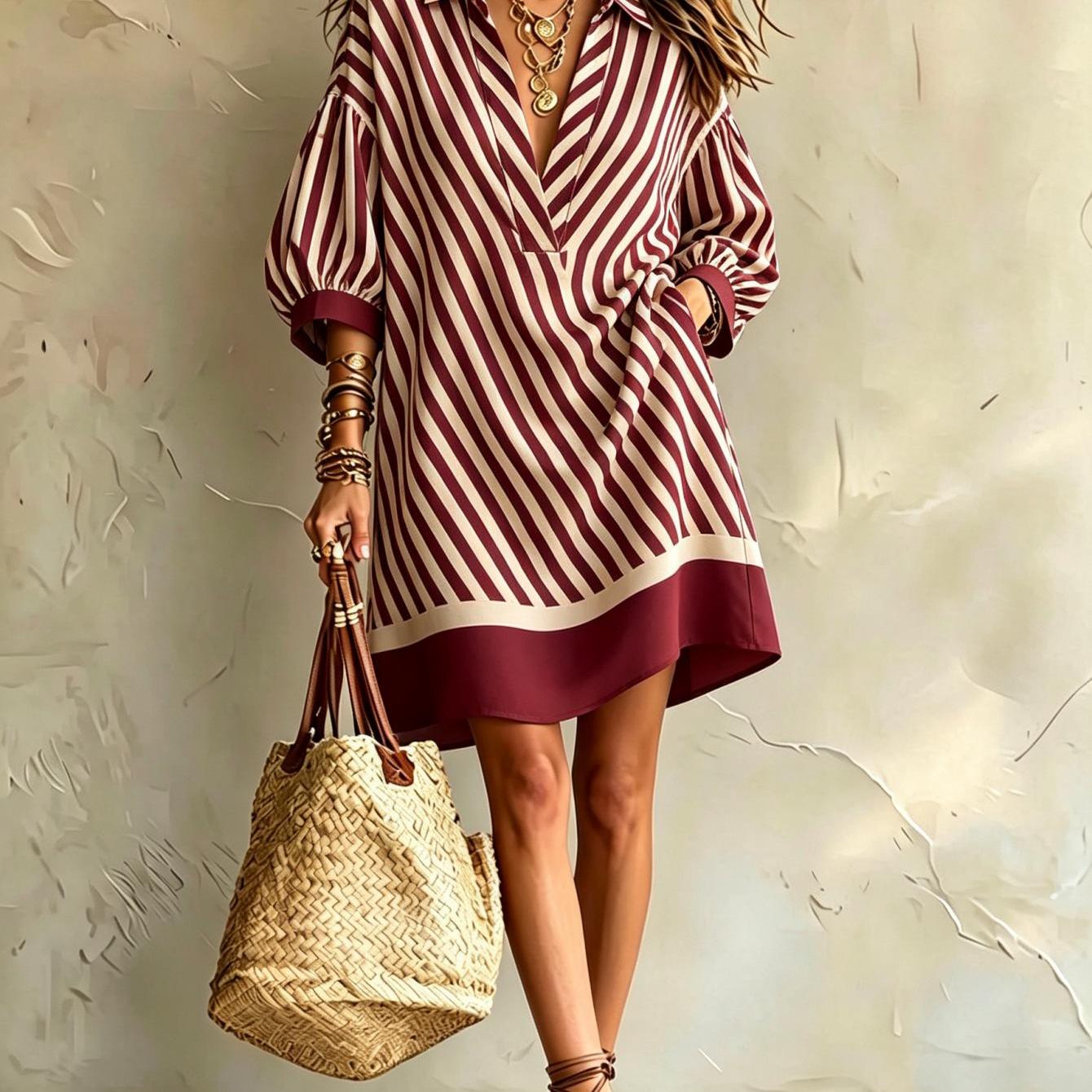 Image of Women's Summer Dress Pattern Print 3/4 Sleeve Collared Shirt Dress Red White Vertical Stripes Elegant Luxurious Ladies Dress Made Of Fabric Loose Design Ideal For Vacation And Daily Outfits