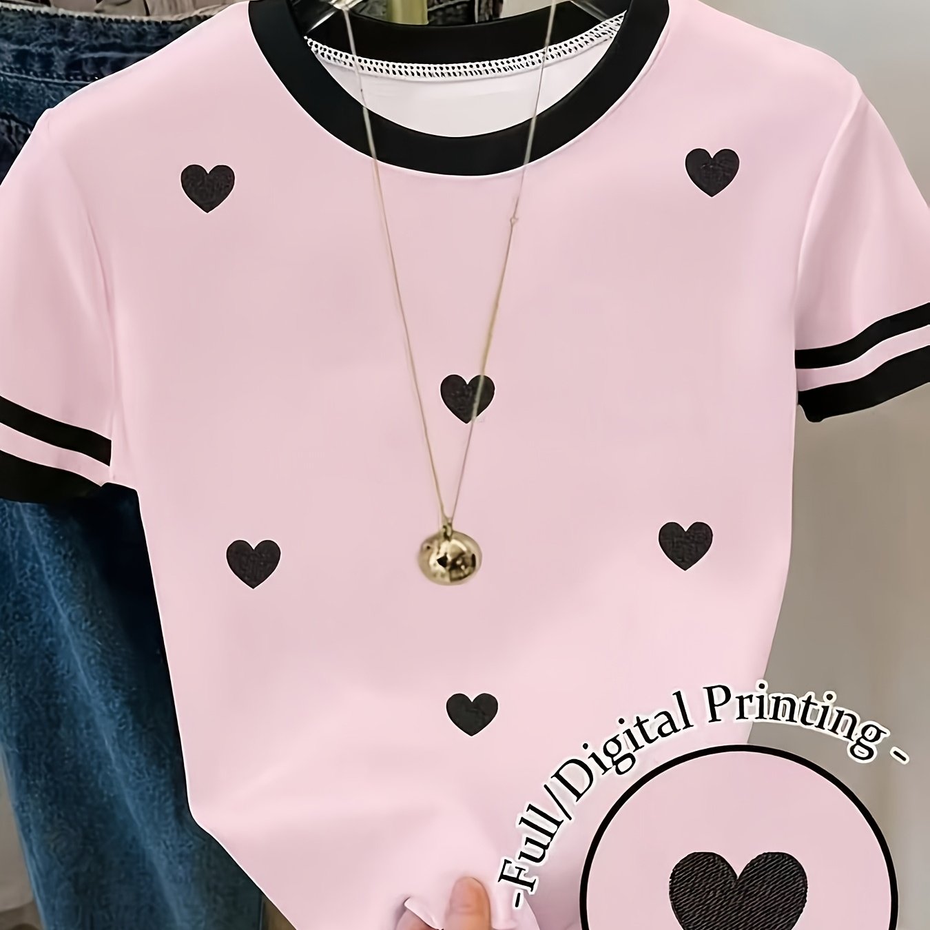 TEMU T-shirt d'été pour femme à manches courtes, imprimé cœur rétro américain, décontracté et polyvalent avec