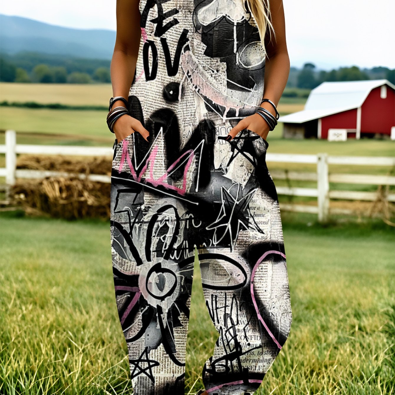 Image of Plus Size Women's Overalls 0xl-5xl Graffiti Art Print Comfortable And Breathable Personalized Print Wide-leg Pants Loose-fitting Overalls Suitable For Spring, Summer, And Autumn