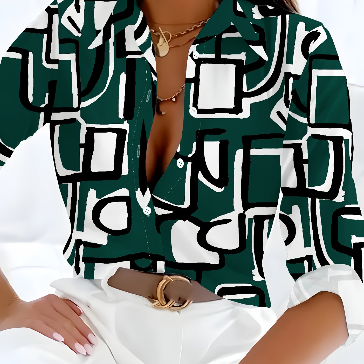 Image of Casual Geometric Print Chiffon Shirt, Regular Long Sleeves, Lapel Collar, Irregular Geometric Print, Fashionable And Versatile Shirt Jacket, Business Digital Pattern Print Shirt