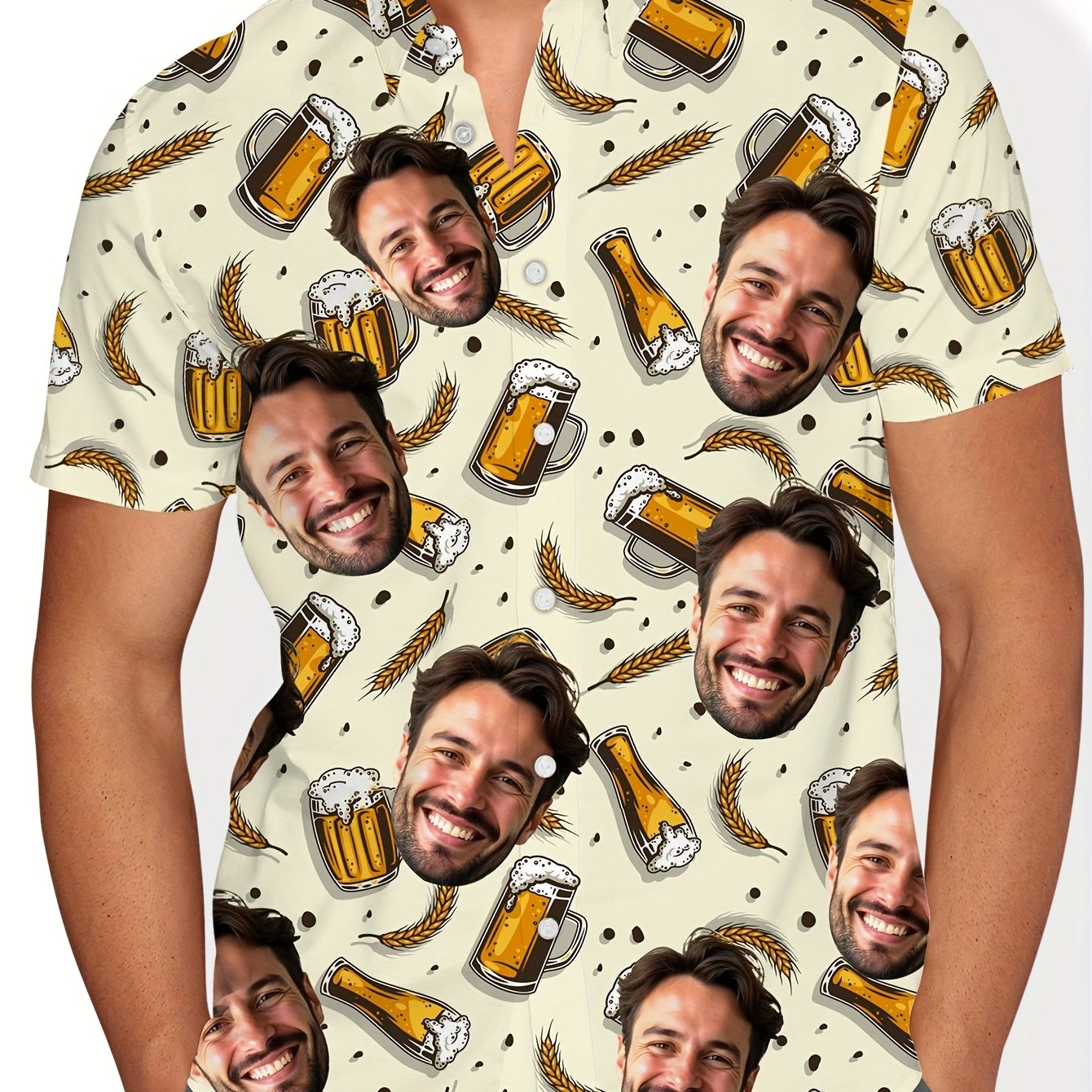 TEMU Men's Personalized Photo Beer Print Shirt - Full-body Casual Short-sleeve Button-up Shirt, Regular Fit Summer Shirt, Suitable For Outdoor