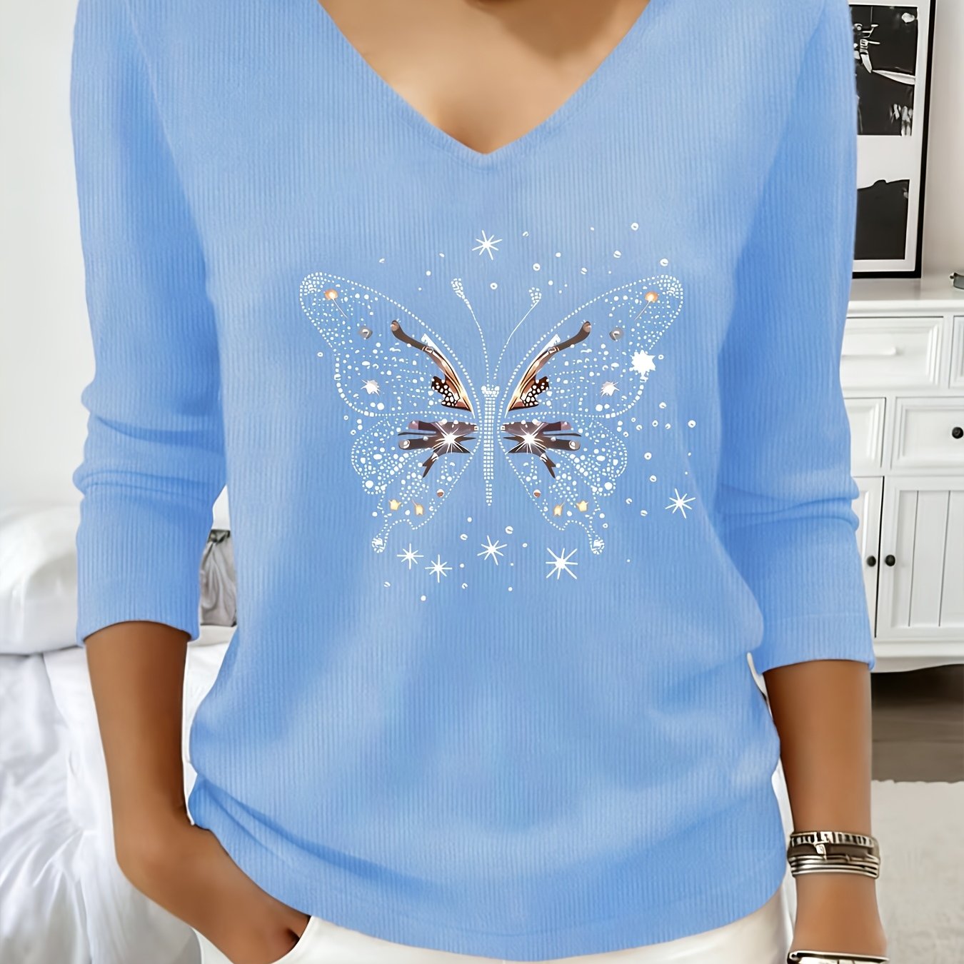 TEMU Pull à manches longues et col en V tendance pour femmes, design à manches longues et col en V, idéal pour , l'été et , avec un imprimé tendance,