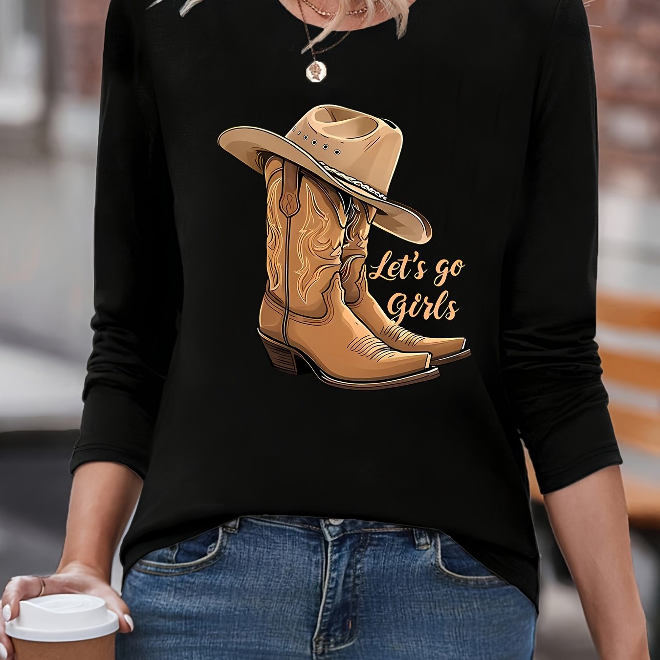 TEMU Letter & Go & Cowgirl Print T-shirt, Long Sleeve Crew Neck Casual Top For Versatile , Women's Clothing