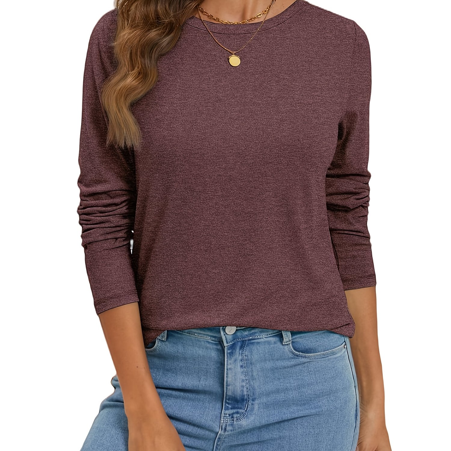 TEMU Women's Elegant Round Neck Long Sleeve Casual Top - Mid-stretch Knit, Solid Color, Machine Washable, For Casual Attire & Outdoor Activities