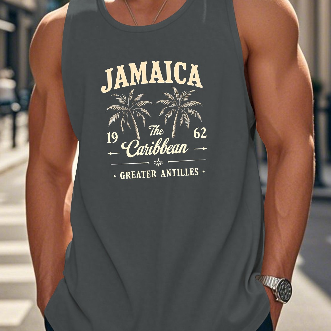 TEMU Men's Jamaica Caribbean Vintage Palm Tree Graphic Sleeveless Vest - Black & Yellow Retro Design, Lightweight Summer Casual Beachwear, Machine