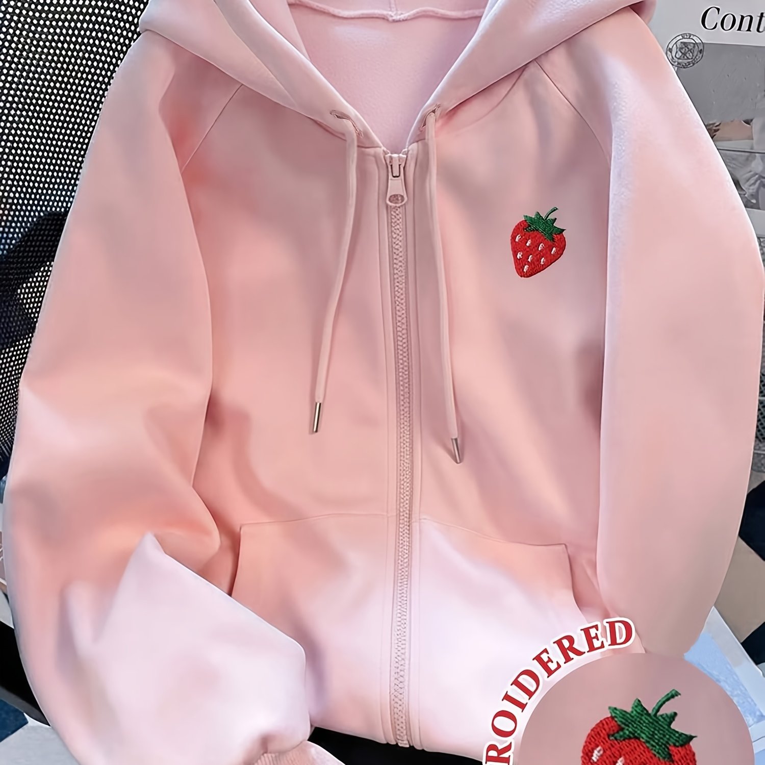 TEMU Women's Autumn Winter Fleece Strawberry Embroidery Hooded Zipper Long Sleeve Loose Sweatshirt Jacket, Drop Shoulder Zipper Top Cardigan