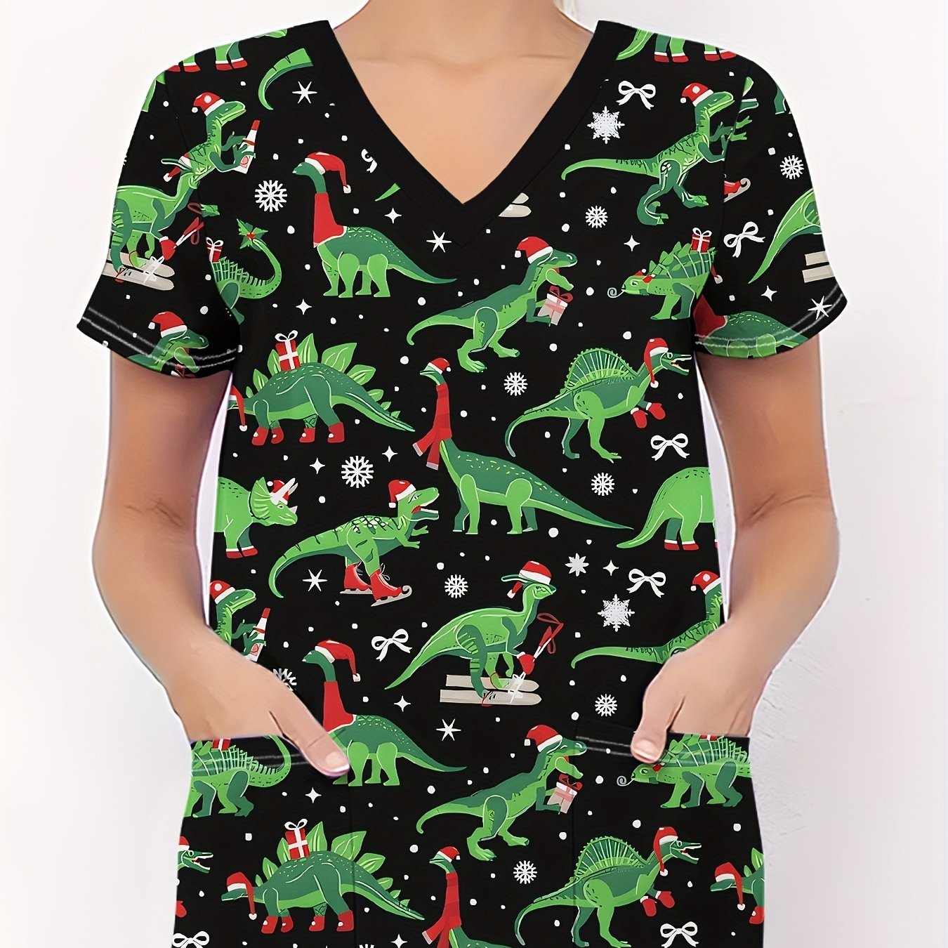 TEMU Christmas V-neck T-shirt Featuring A 2d Dinosaur Design, Printed With A Pocket, Made From Comfortable And Stretchy Fabric, Short-sleeved