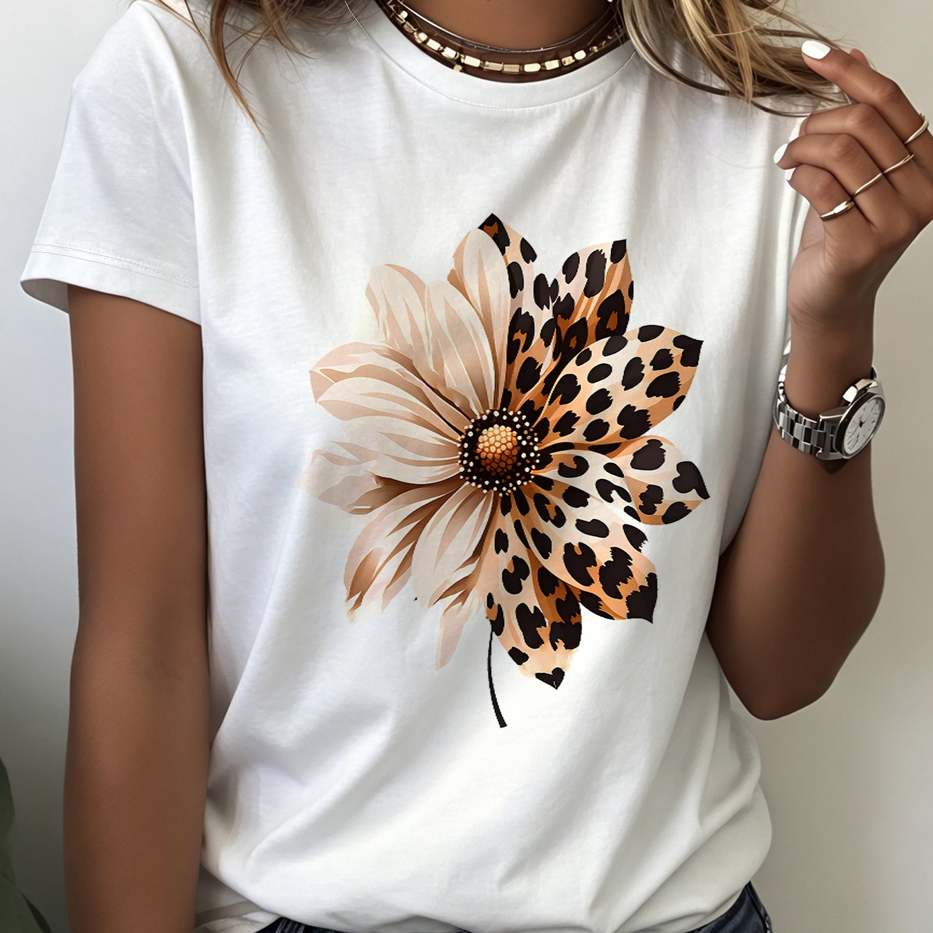 TEMU Summer Women's Fashion Elegant Women' Leopard Floral Pattern Printed Short Sleeve Round Neck Casual Summer T-shirt Fashion Casual Outdoor Street