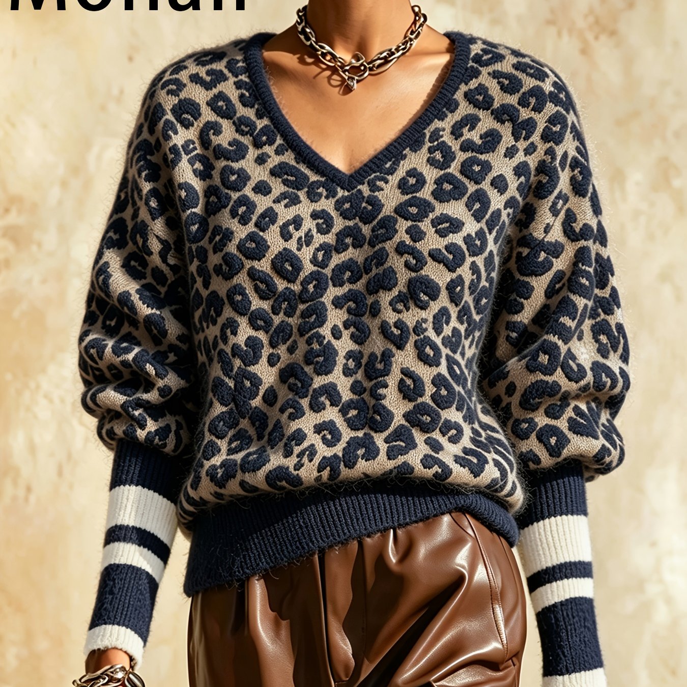 TEMU Women's Autumn Winter -neck Sweater, Leopard Jacquard Striped Cuffs Loose Long Sleeve Ribbed Hem, Soft And Skin-friendly Fluffy Texture, Retro