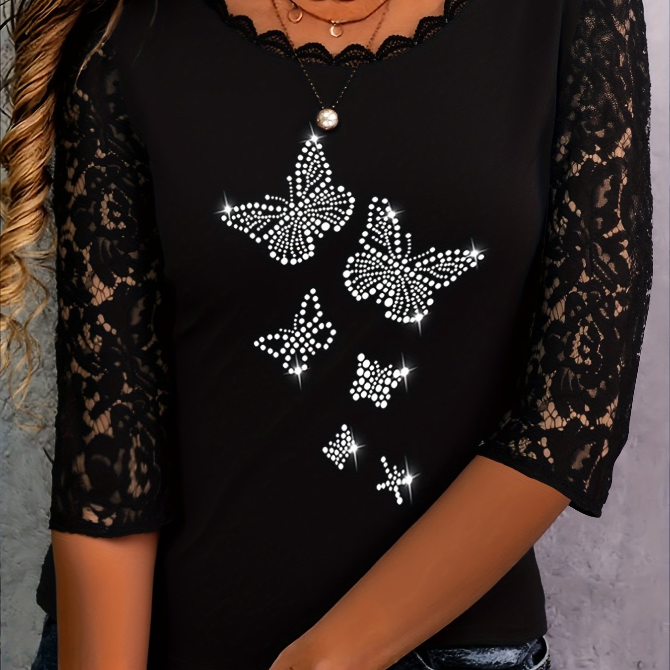 Image of Elegant Directional Lace Women's Rhinestone T-shirt Trendy Fashion V-neck Water Drill Top