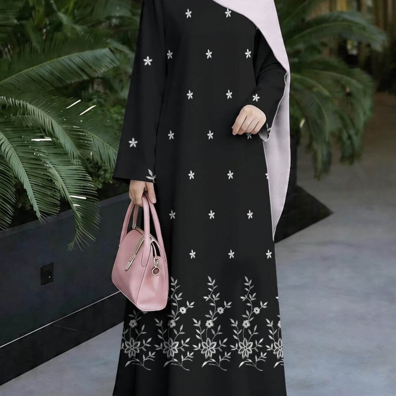 TEMU Black Background Floral Print Women's Clothing Slim Fit Long Robe 2026 Resort Style Robe , Robe Style, Suitable For Malaysian Women To Wear,