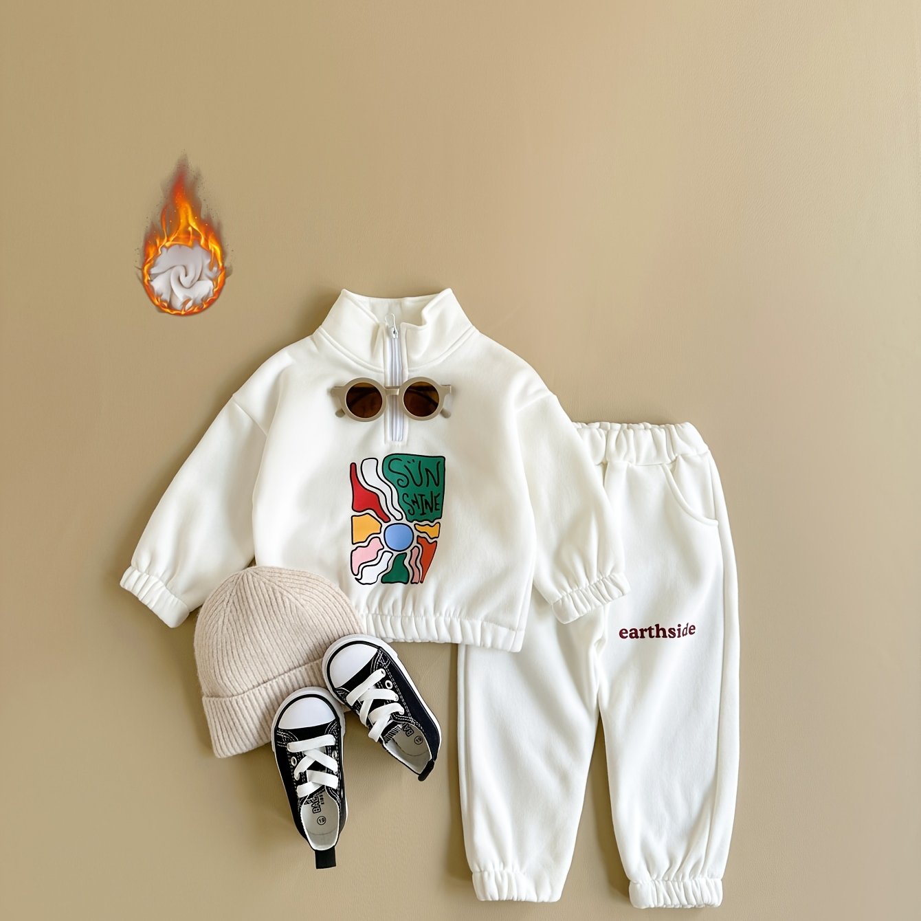 2pcs Set Children Children Baby Cartoon Print Pattern Zipper Thickened Warm Long Sleeve And Long Pants Outfit Winter New, For Outdoor