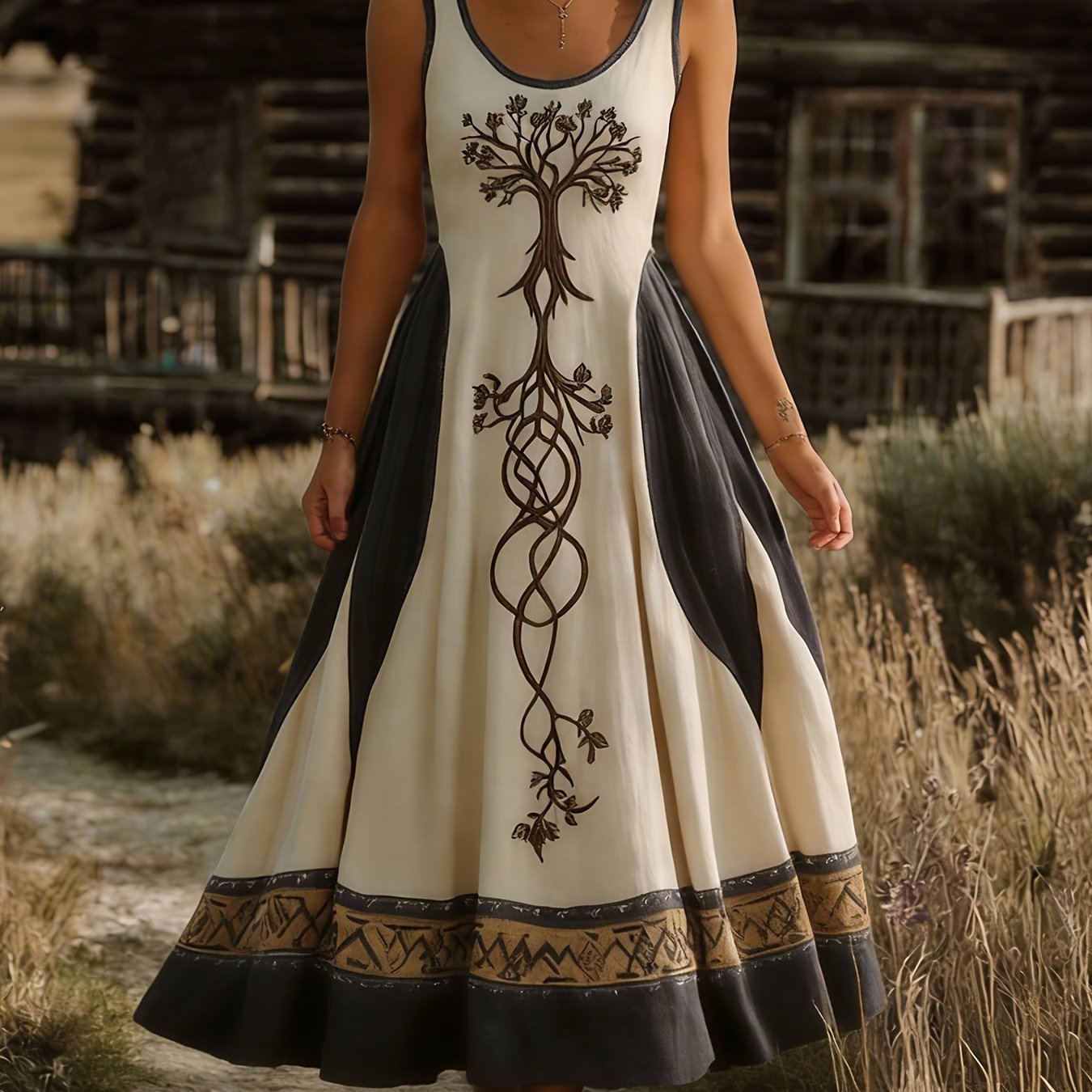 E-shop Damen Wikinger Keltischer Knoten V-Ausschnitt Kleid - Retro Wikinger Farbkombination - Pulloverkleid, Hoch Elastisch, Maschinenwaschbar für