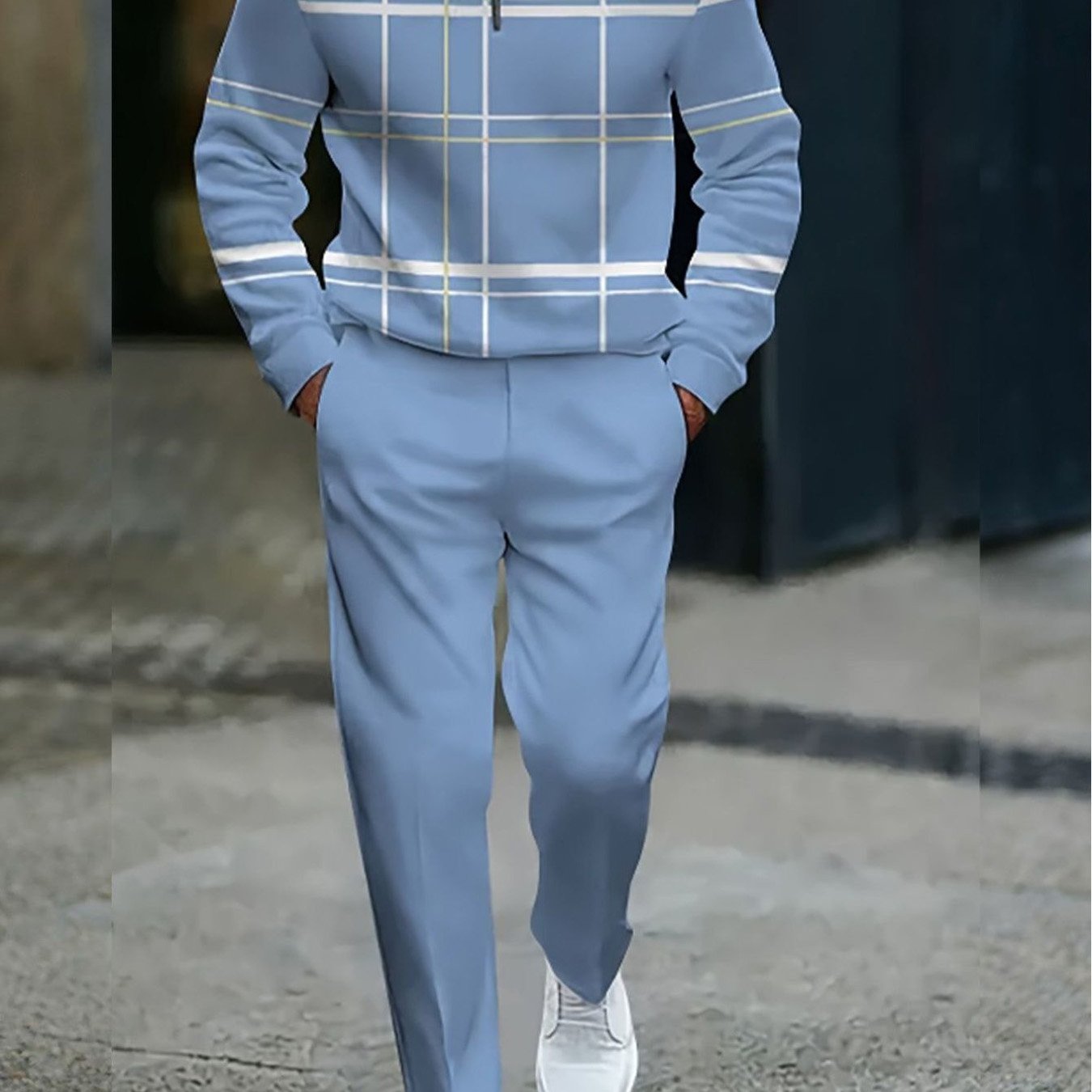 Image of Men's Stylish Casual Outfit Set Featuring A Trendy 3d Printed Half-zip Sweatshirt And Loose Trousers, Designed With A Blue Grid And Pattern, Perfect For Street Style