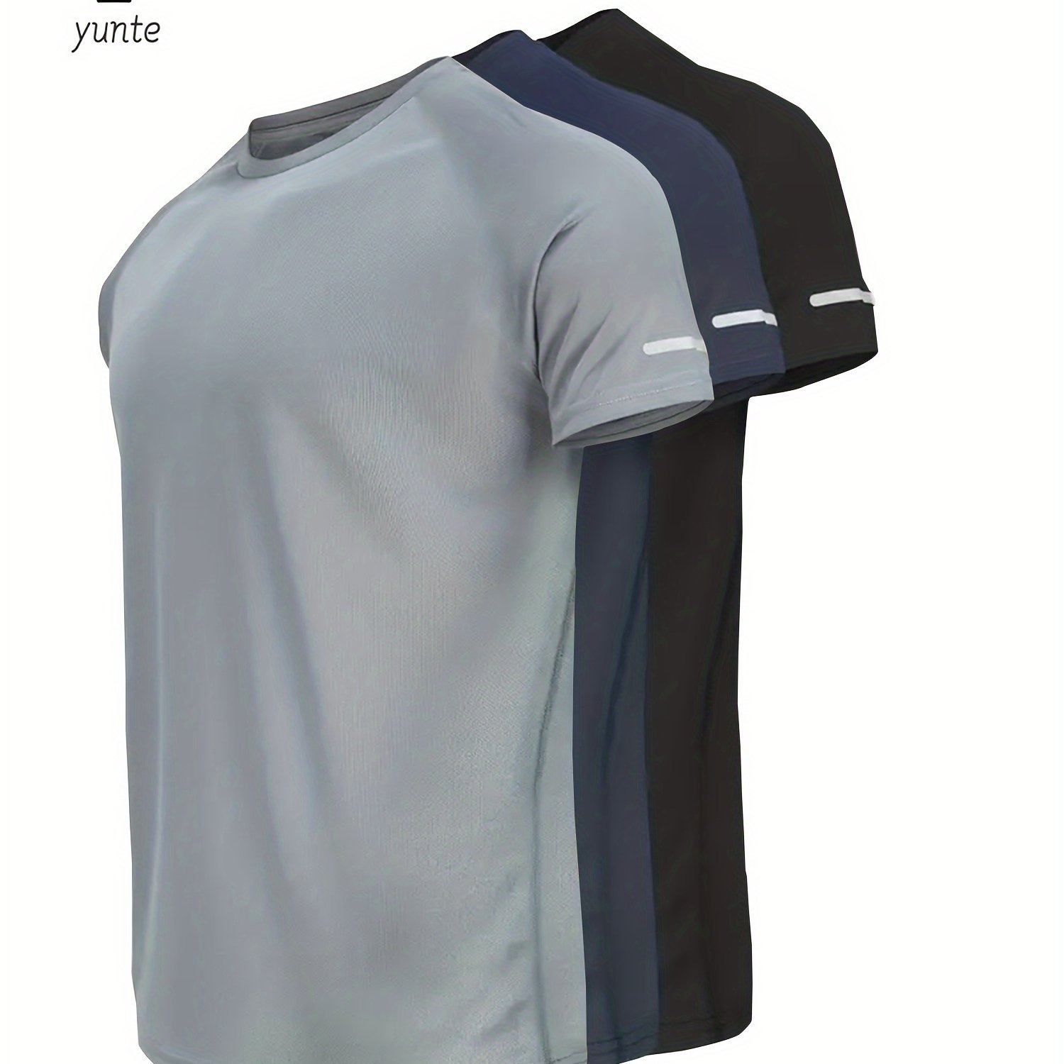 E-shop 3 Stück Grau-Marine-Schwarz Casual Sportdruck Reflektorstreifen T-Shirts, Atmungsaktiv Schnelltrocknend Kurzarm Rundhals Oberteile, Laufshirts,
