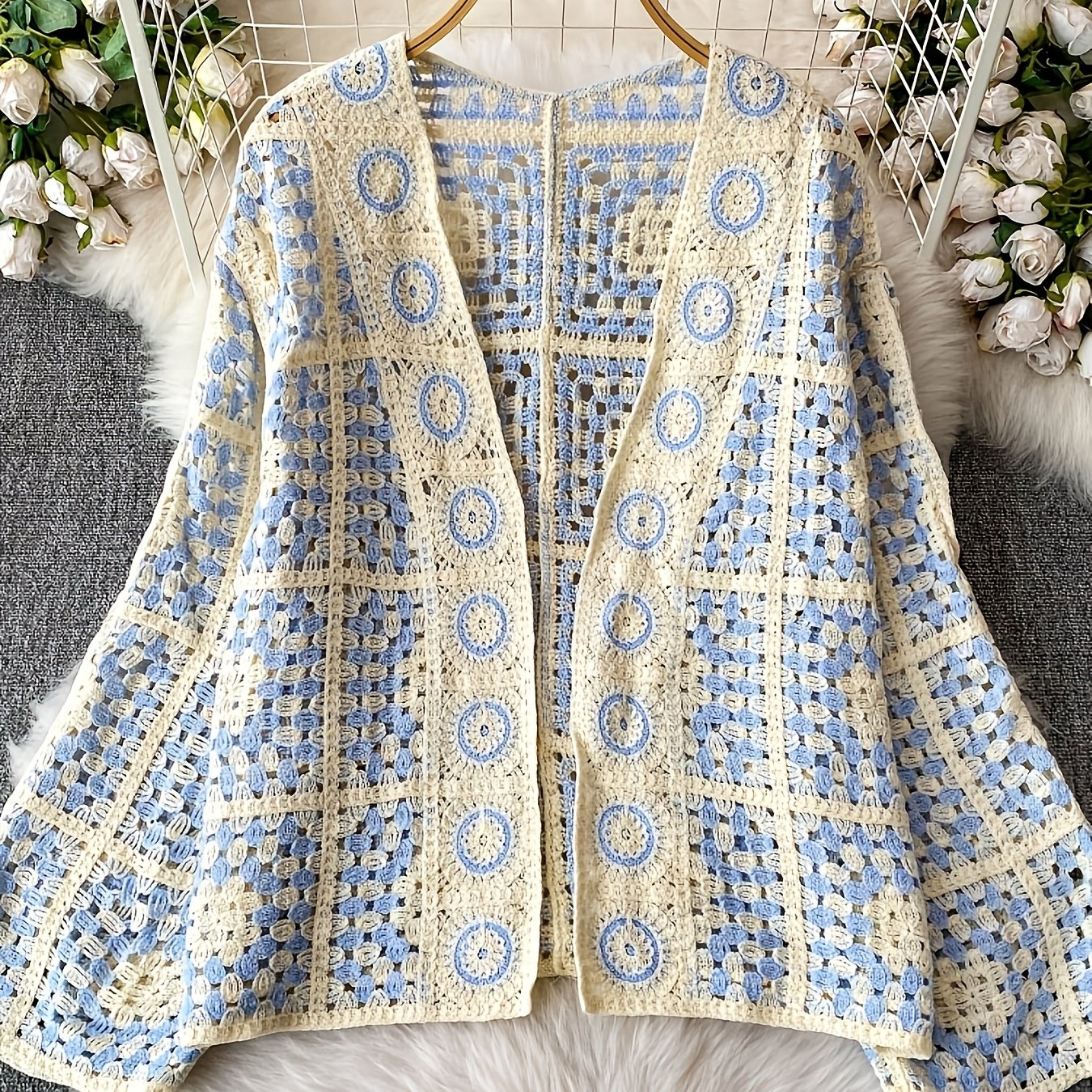 Bohemian Crochet Cardigan, Hollow Out Beach Cover-up, Casual Loose Long Sleeve Open Front Kimono For Women