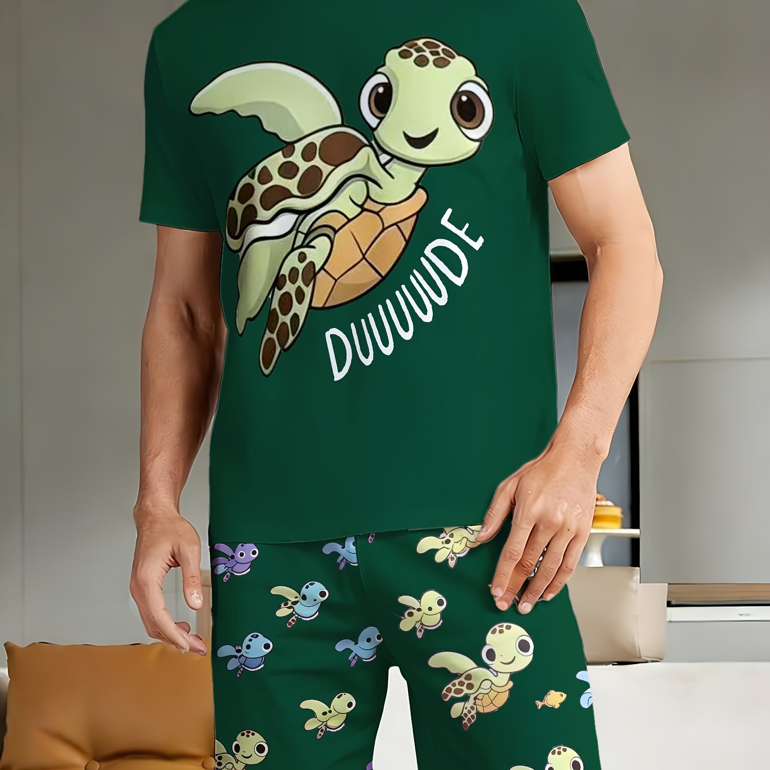 TEMU Summer Autumn Men's Fashion Casual Pajama Set Short Sleeve Shorts Comfortable Sleepwear 2pcs Set