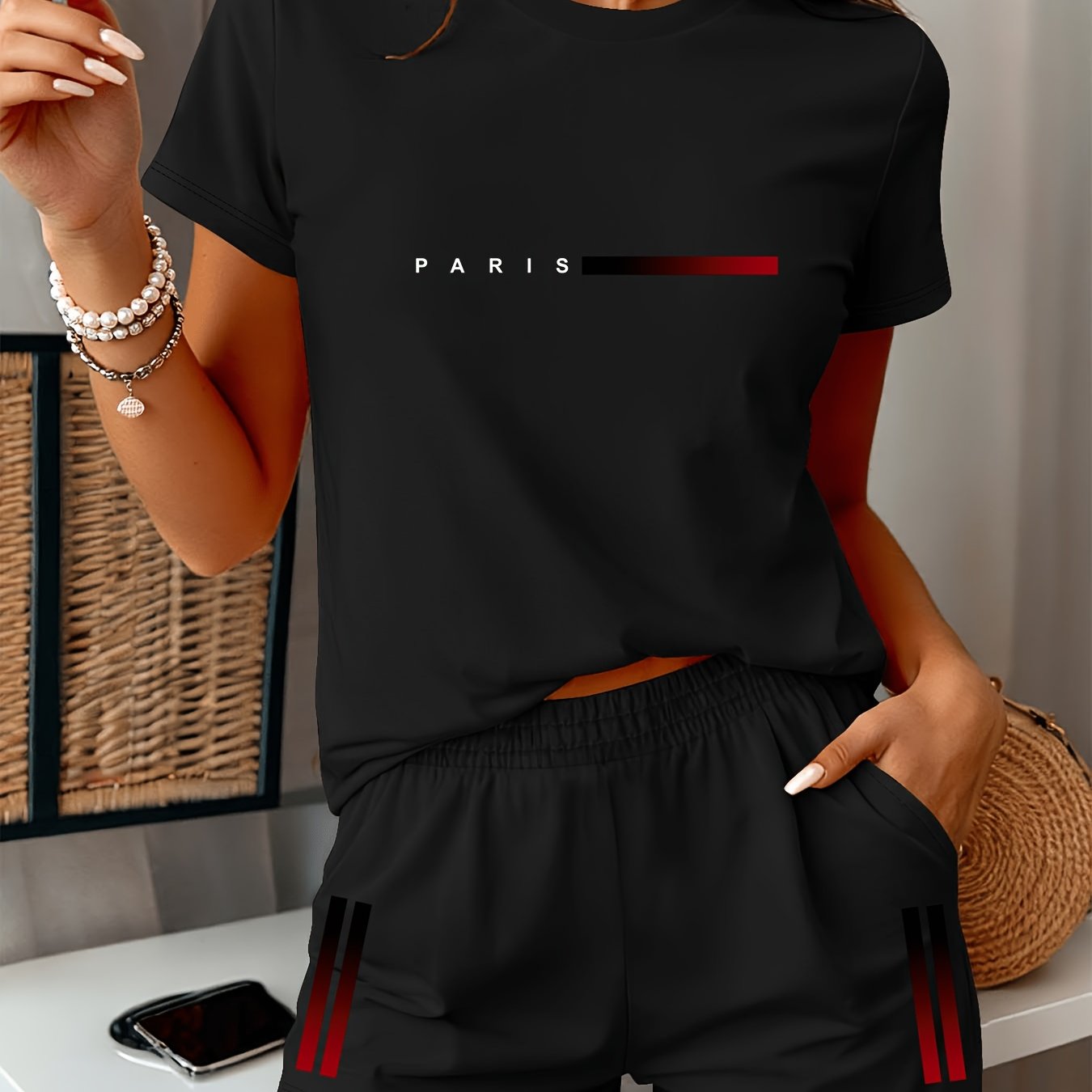 TEMU Ensemble Tendance Femme Manches Courtes et Short, Style All-Match, Imprimé PARIS, Ensemble Décontracté et Tendance, Idéal pour , et , Ensemble