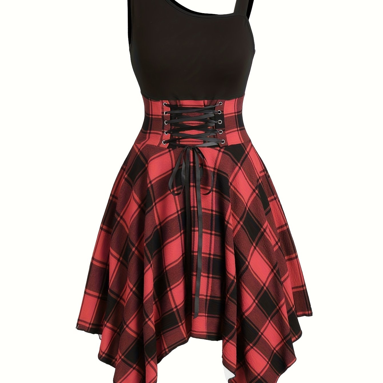 Image of Women's Contrast Off-shoulder Waist Tie Design Irregular Hem Vacation Casual Dress