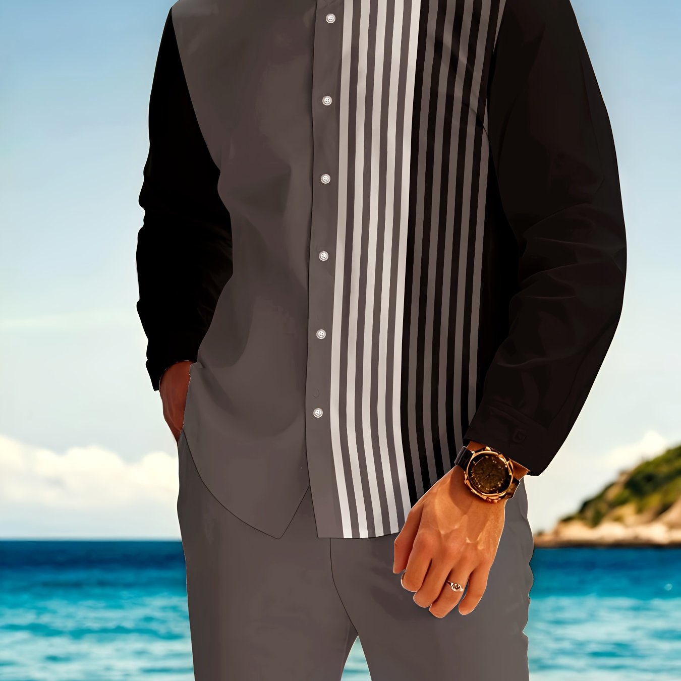 TEMU Ensemble 2 pièces à rayures grises et blanches, comprenant une chemise à manches longues et col , et un pantalon, tenue décontractée et tendance