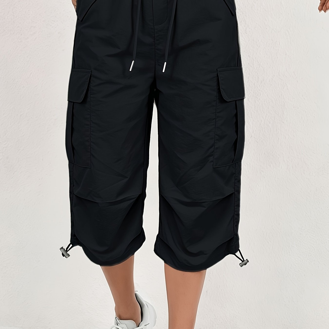 TEMU Women' Color Pants With Elastic Waist & Multi-pocket - Lightweight Quick-dry Cropped Capri Length Trousers, Loose-fit Suitable For Casual