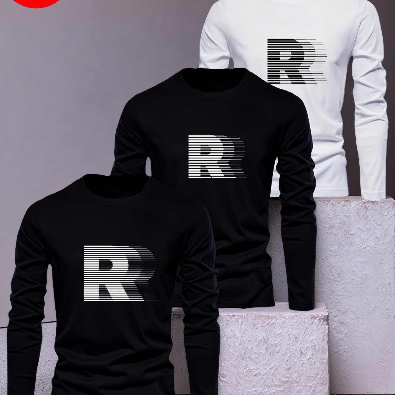 Image of Set Of 3 Men's Long-sleeve T-shirts In Black And White Featuring An R Pattern With On . Made From , Breathable Tops Are Suitable For Casual And Formal Occasions. Have Round Neck