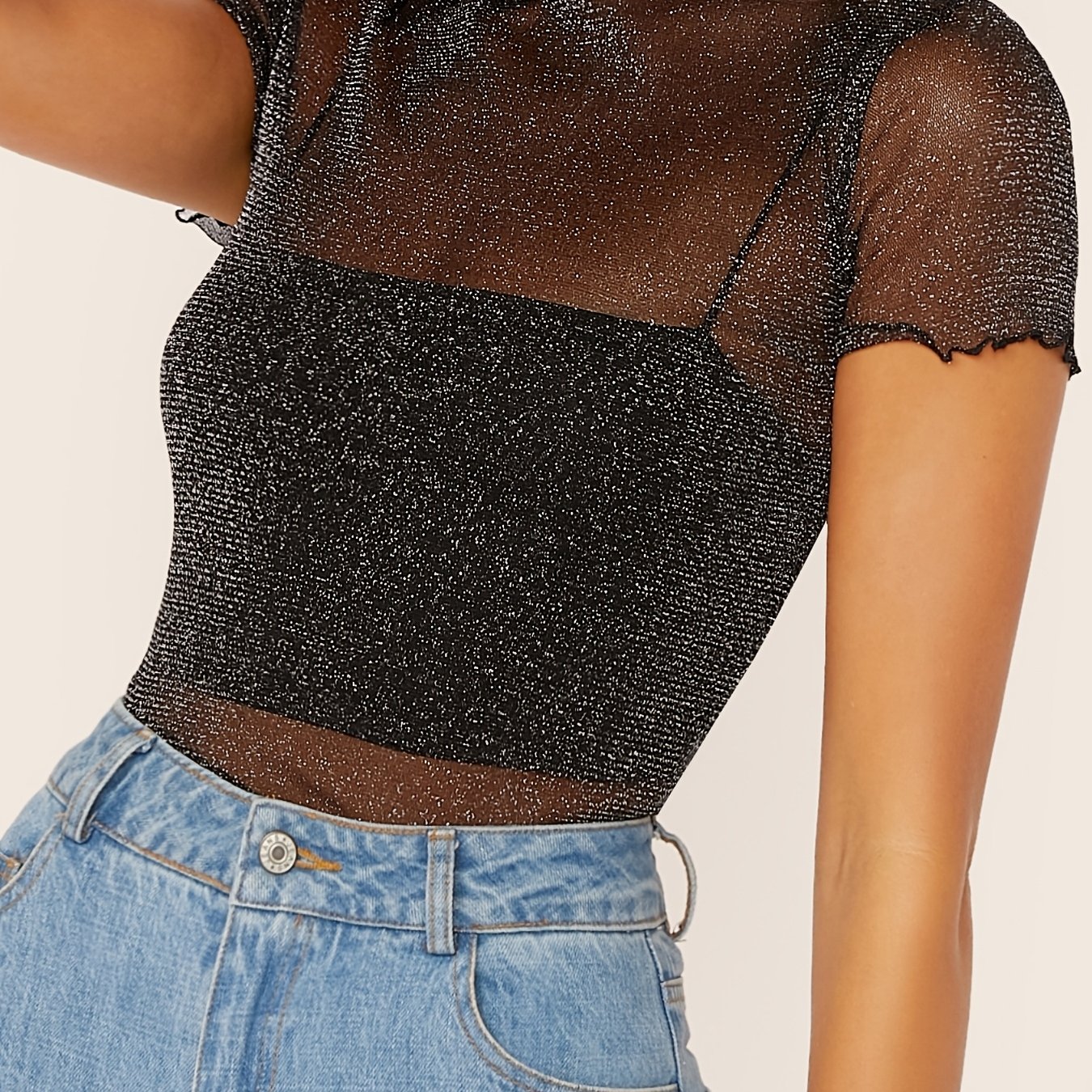 Image of Lettuce-trimmed Sheer Mesh Sequin Top Without Bandeau Top, Summer And Spring Sexy Casual Top, Women's