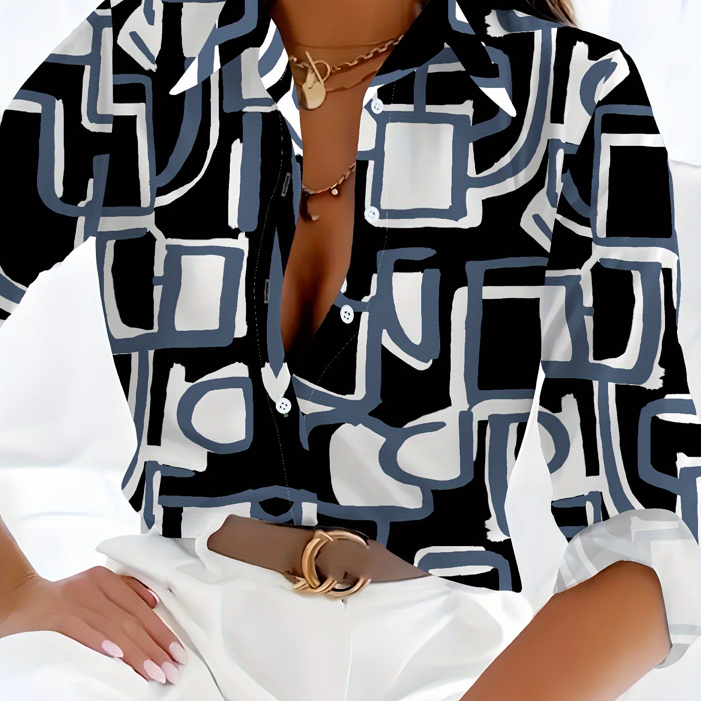 Casual Geometric Print Chiffon Shirt, Regular Long Sleeves, Lapel Collar, Irregular Geometric Print, Fashionable And Versatile Shirt Jacket, Business Digital Pattern Print Shirt