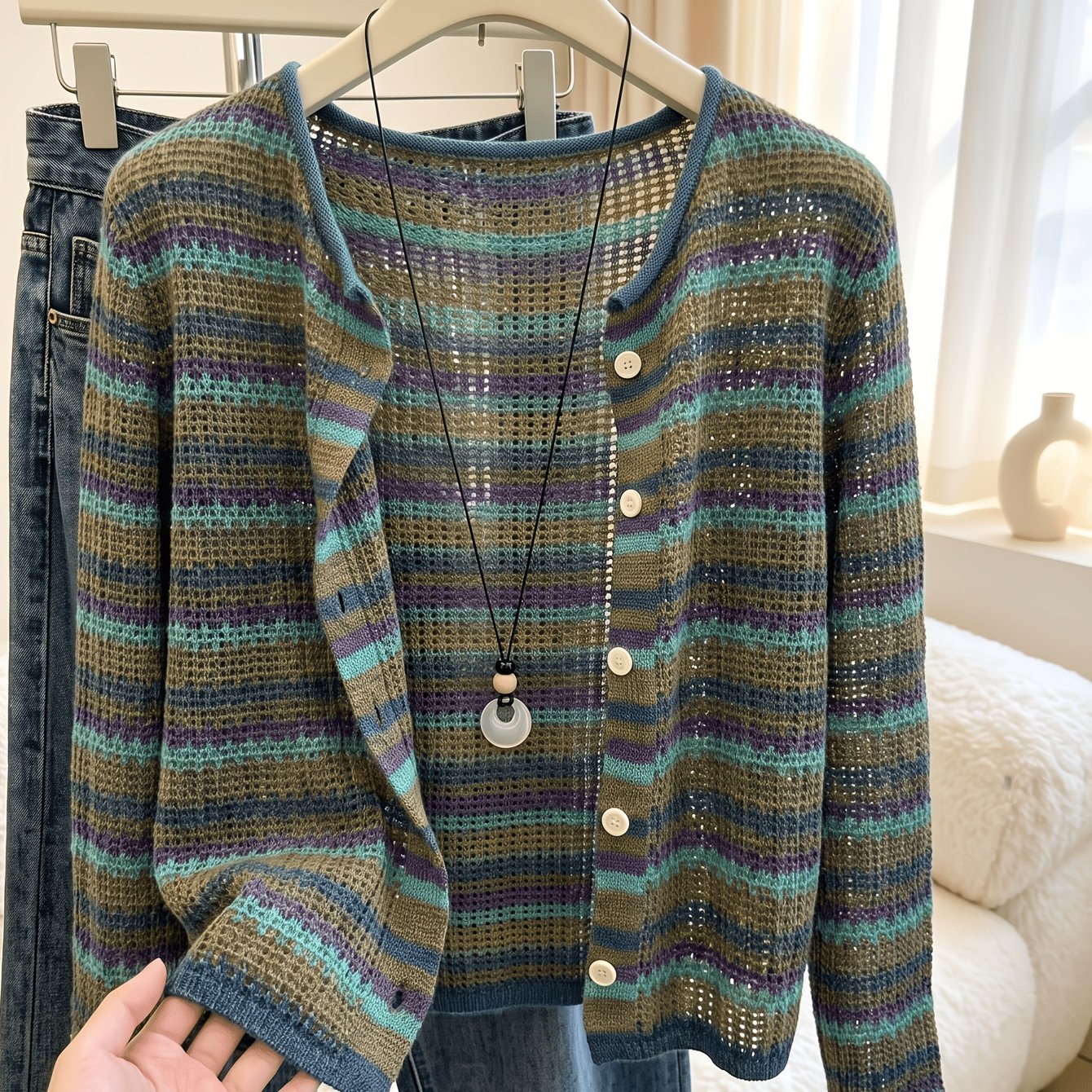 TEMU Vintage Distressed Color-block Striped Crew Neck Cardigan For Women, Spring/autumn Hollow-out Breathable Thin Textured Sweater Outerwear,