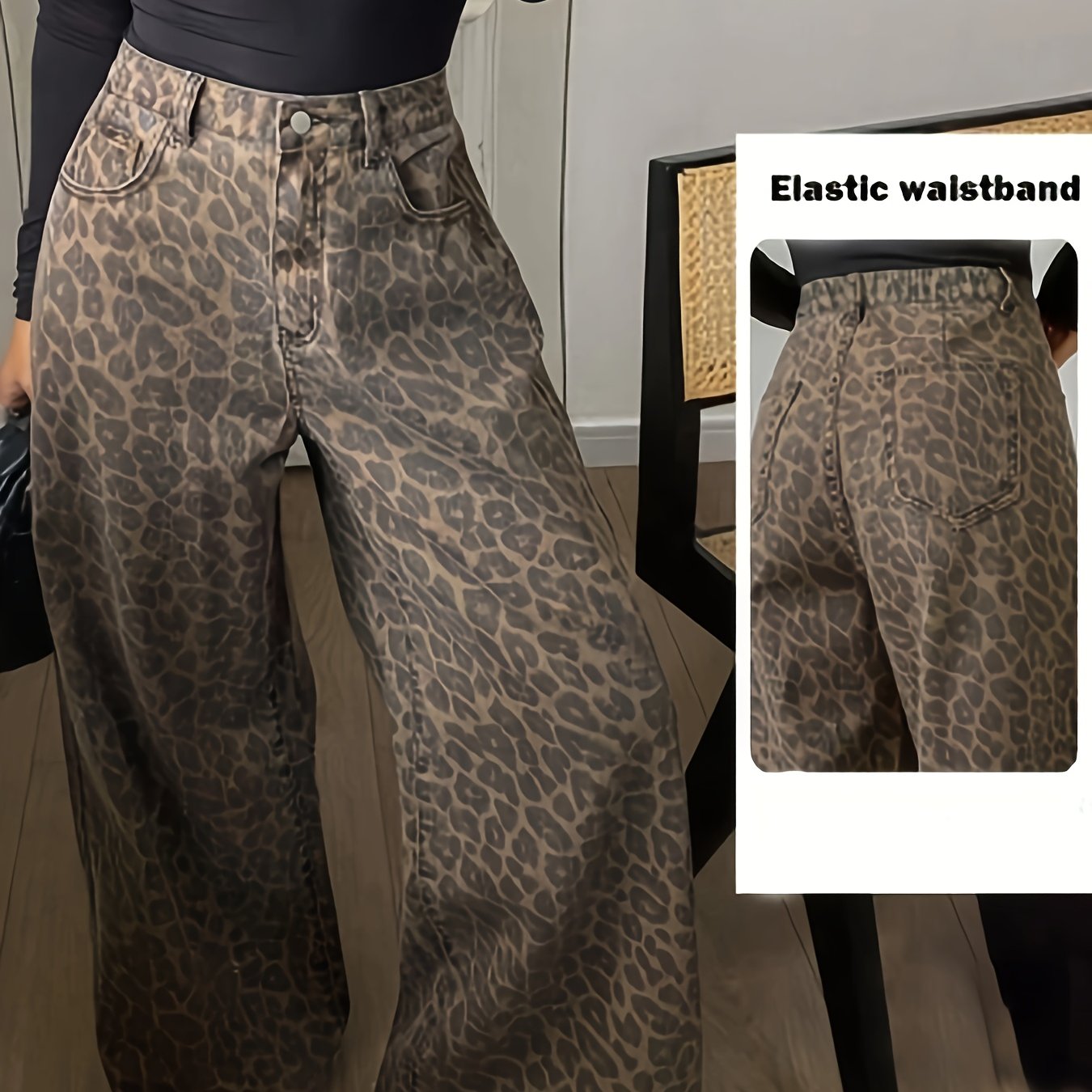 Image of Casual Fashion Daily Leopard Print Non-stretch Mid-rise Wide-leg Pants Denim Jeans