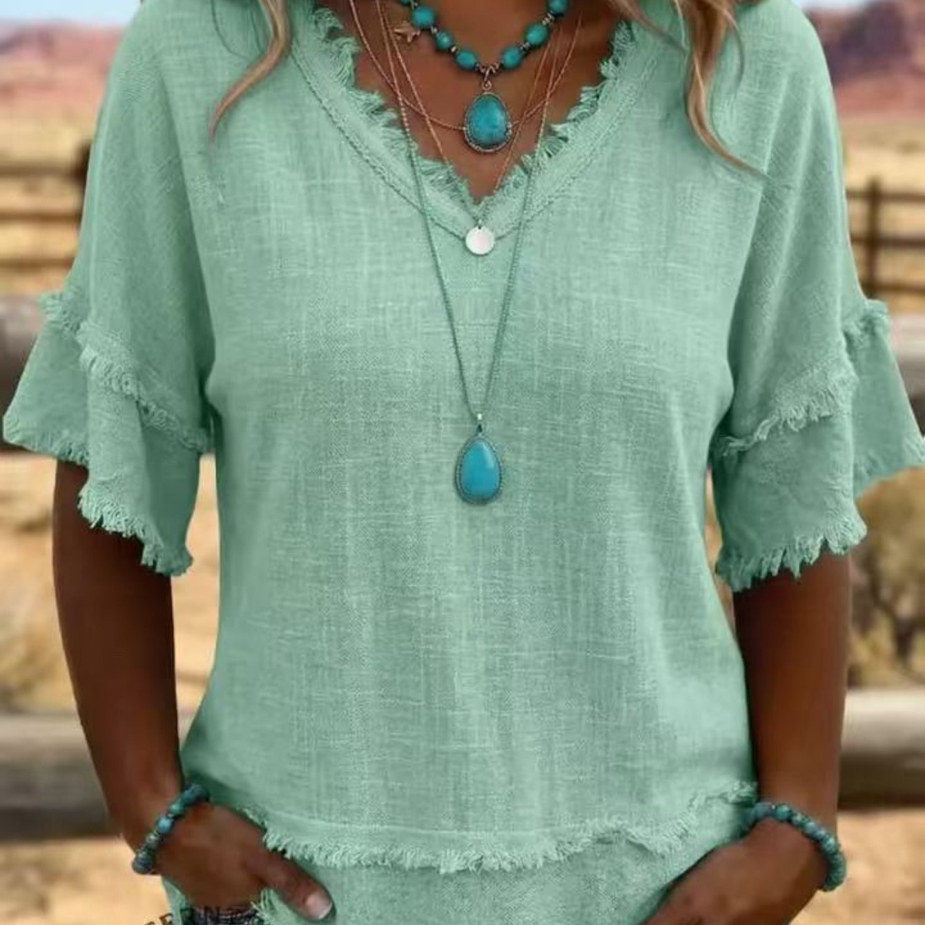 TEMU Women's Fringe Edge V-neck T-shirt, Double Layer Flare 3/4 Sleeve Loose Casual Top