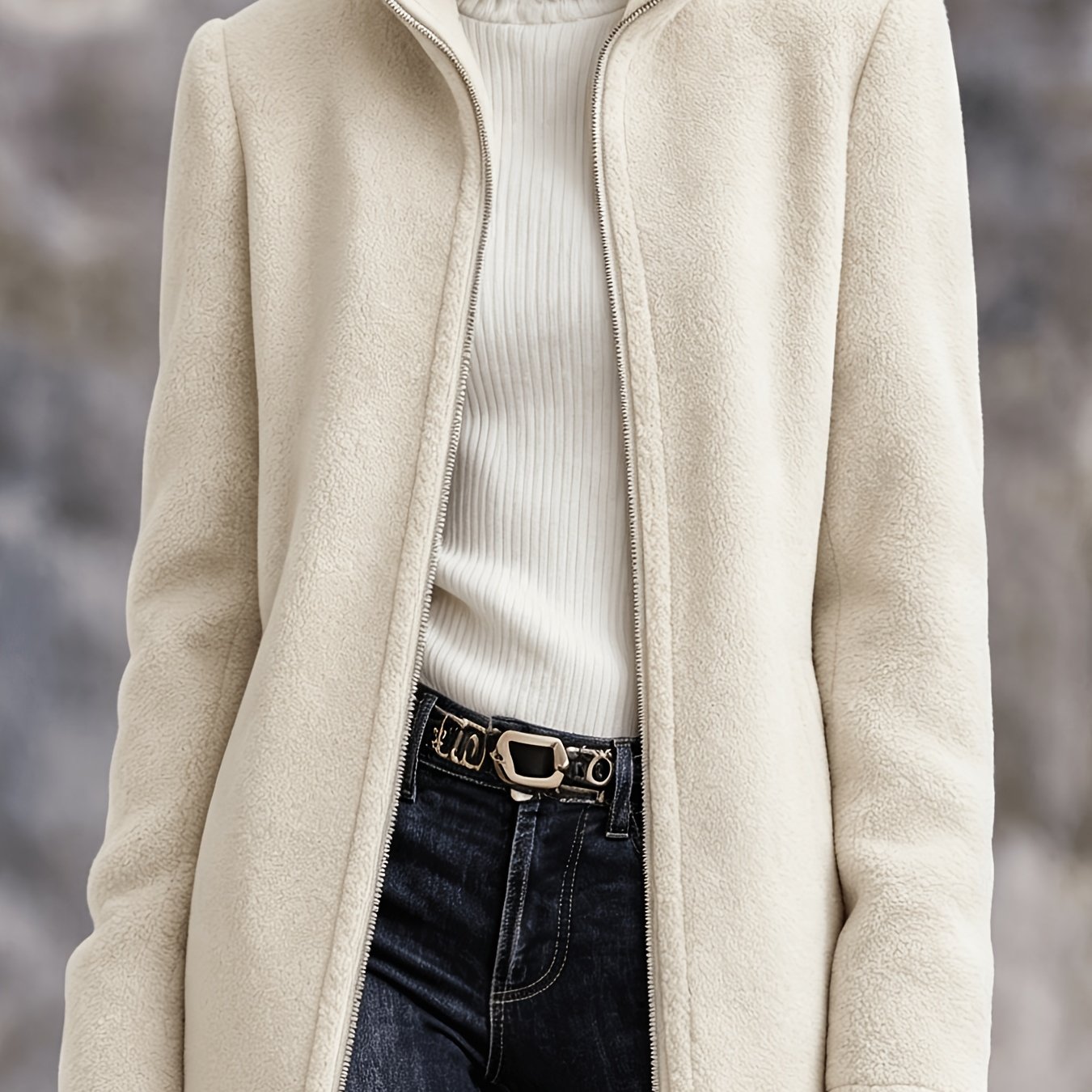 TEMU Collar Zipper Plush For Women, Autumn/winter Mid-length Loose Faux Overcoat, Simple Commuter Thickened Warm Temperament Casual Versatile Pellet