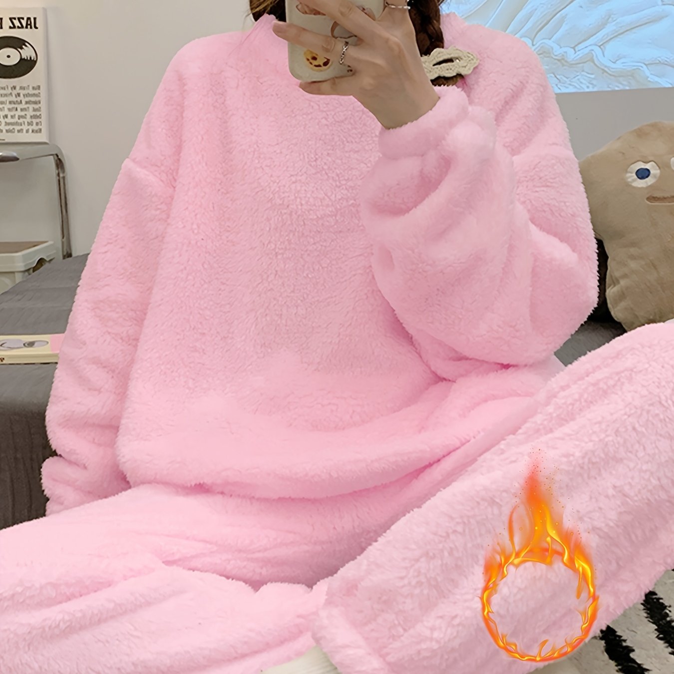 TEMU Pyjama d'hiver chaud et long en peluche douce pour femme 26AW, ensemble de détente décontracté et de couleur unie simple, coupe ample, doublé et