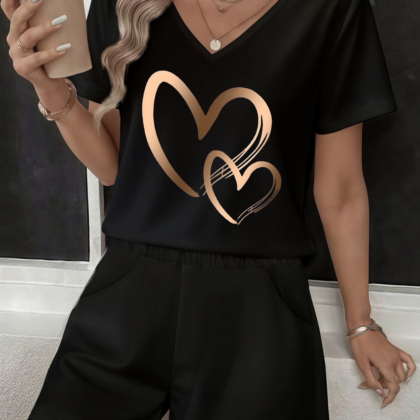 TEMU European And American Spring And Summer Casual Women's Outfit Featuring A Heart Print Milk V-neck T-shirt With Pocket Shorts In A Two-piece Set